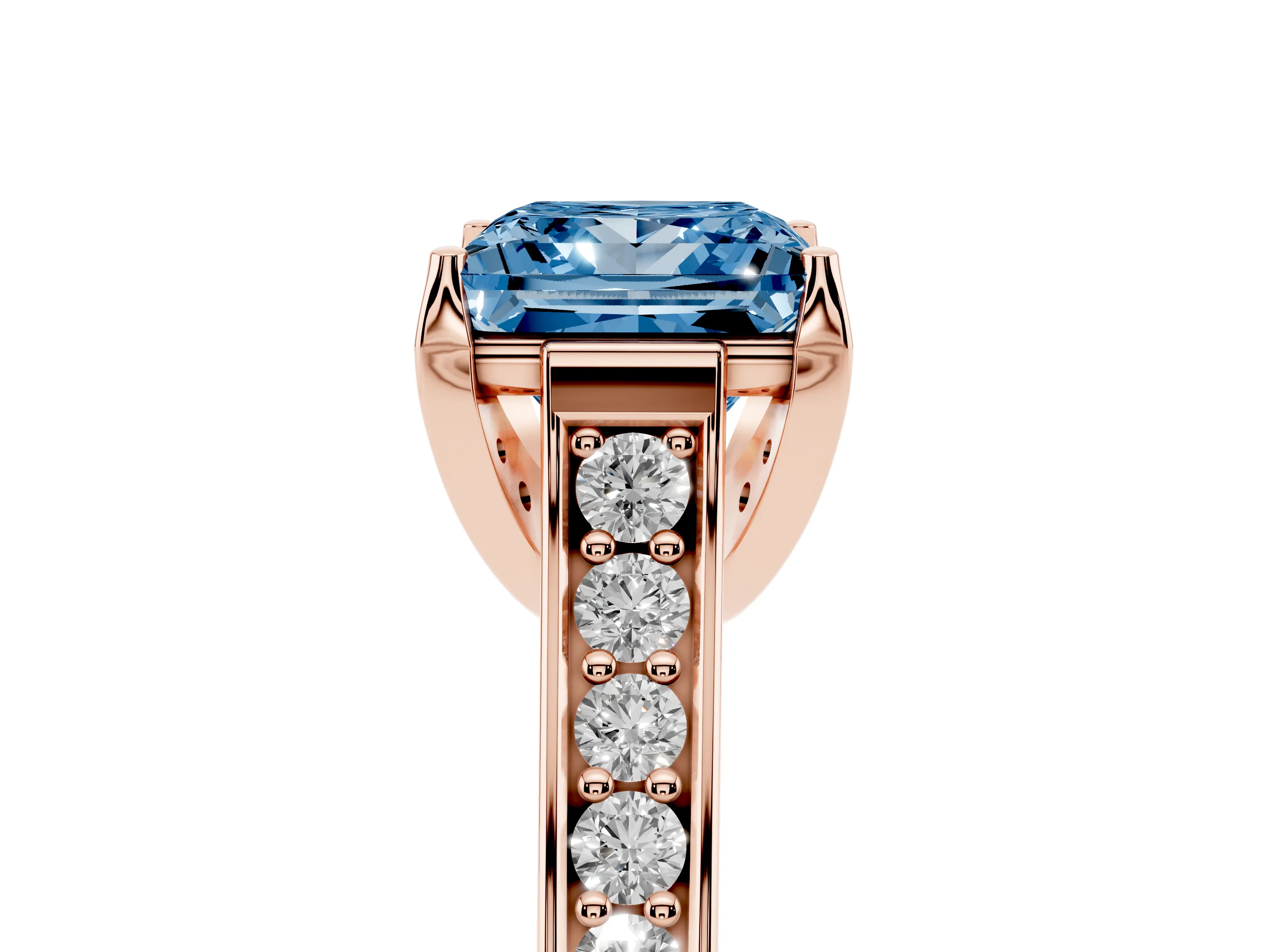 Fancy Blue Princess Cut Diamond Solitaire Pavé Engagement Ring Set in Rose gold with Prong Setting