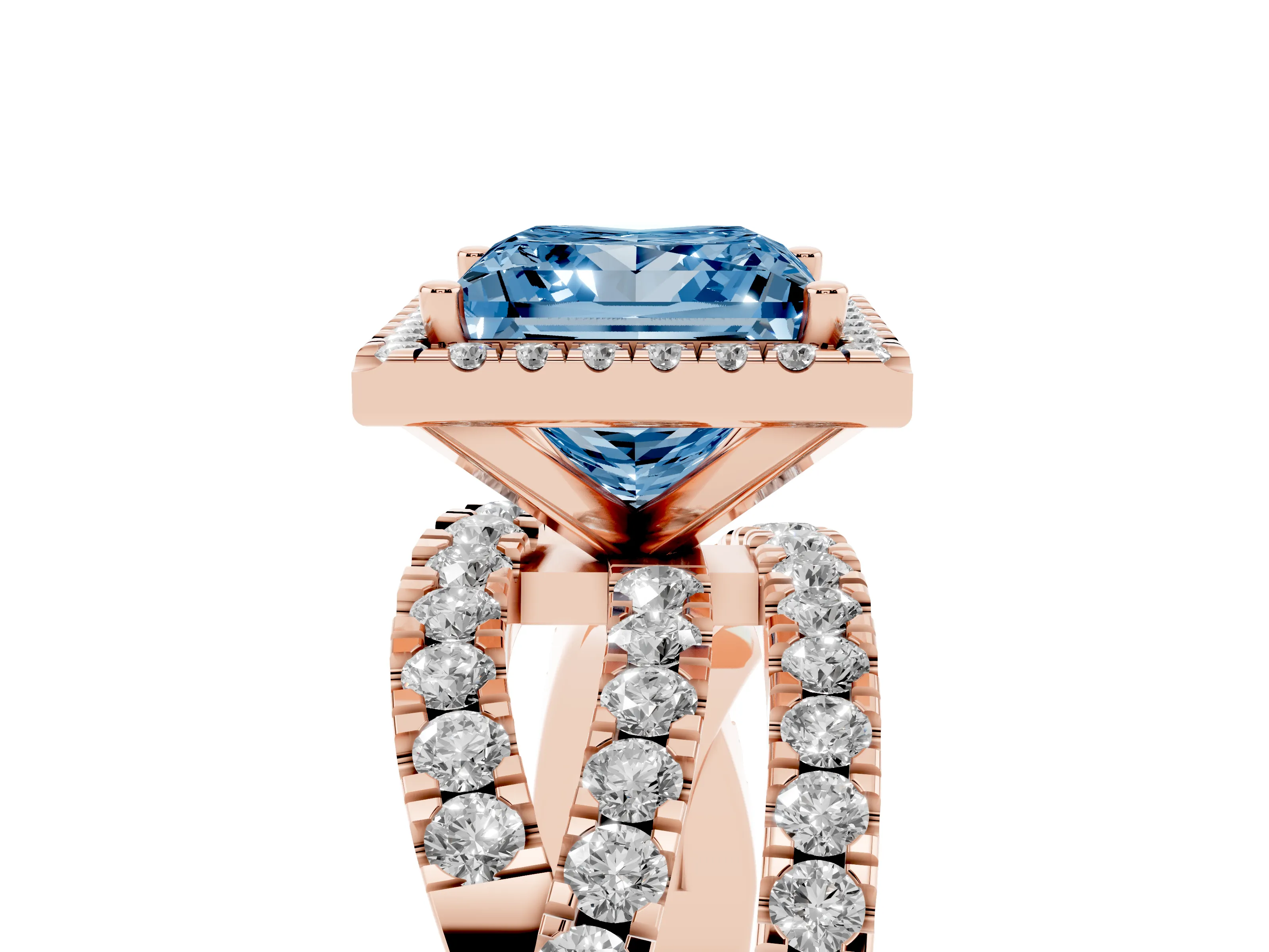Fancy Blue Princess Cut Diamond Halo Ring Set in Rose gold with Round Crossover Split Shank and Prong Setting