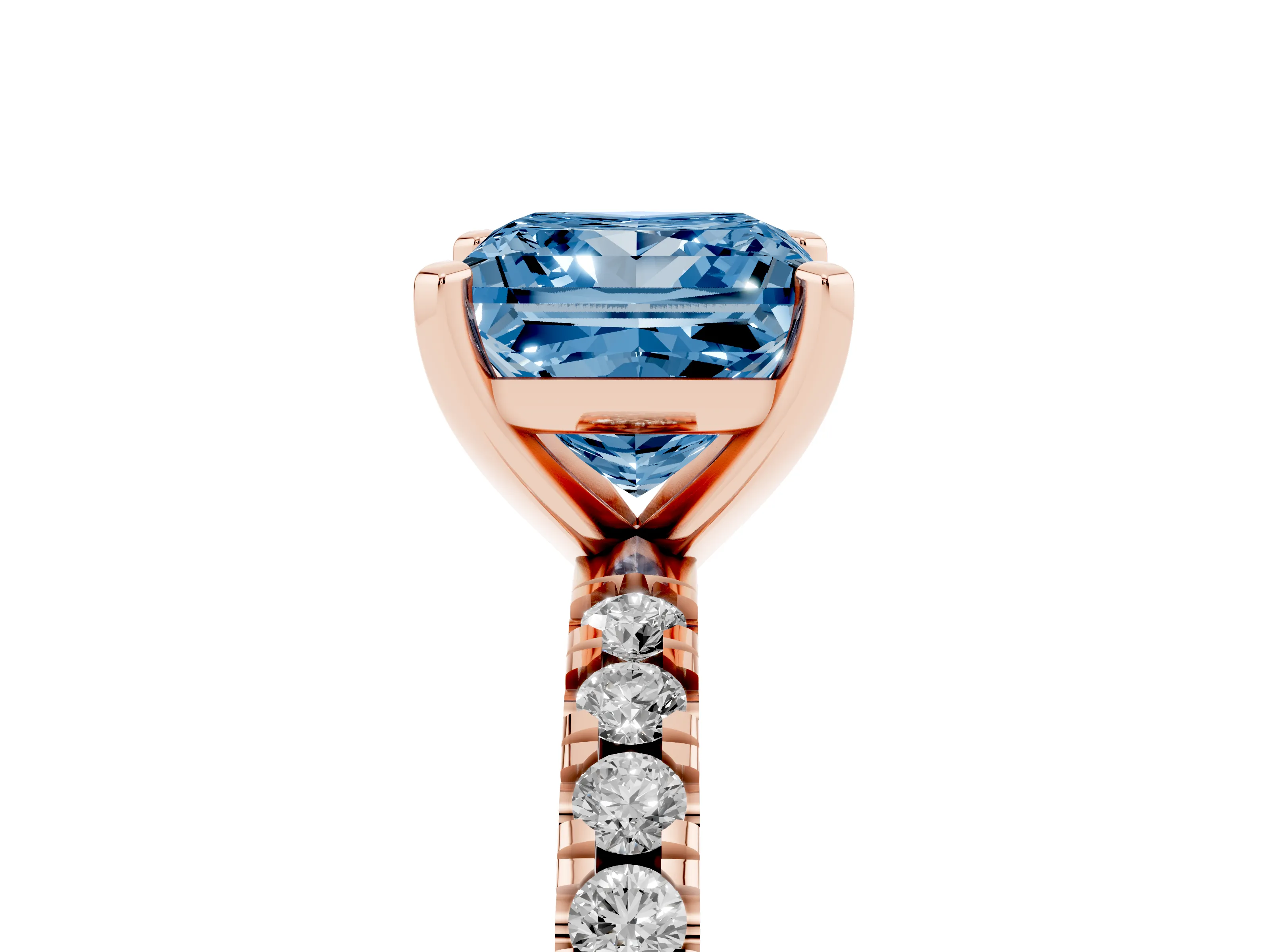 Fancy Blue Princess Cut Diamond Pavé Band Solitaire Set in Rose gold with Prong Setting