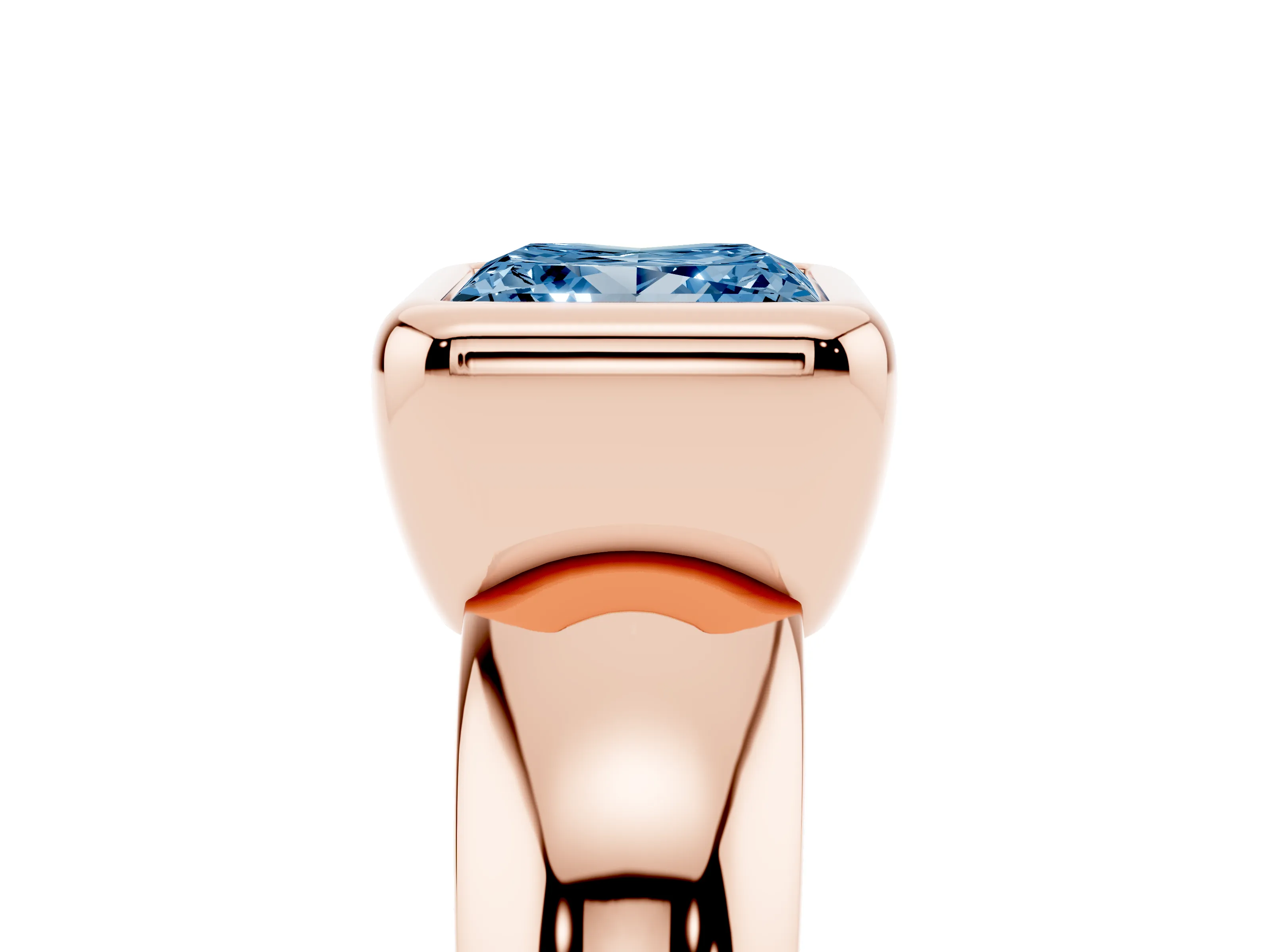 Fancy Blue Bezel Set Princess Cut Diamond Solitaire Ring Set in Rose gold with Wide Band