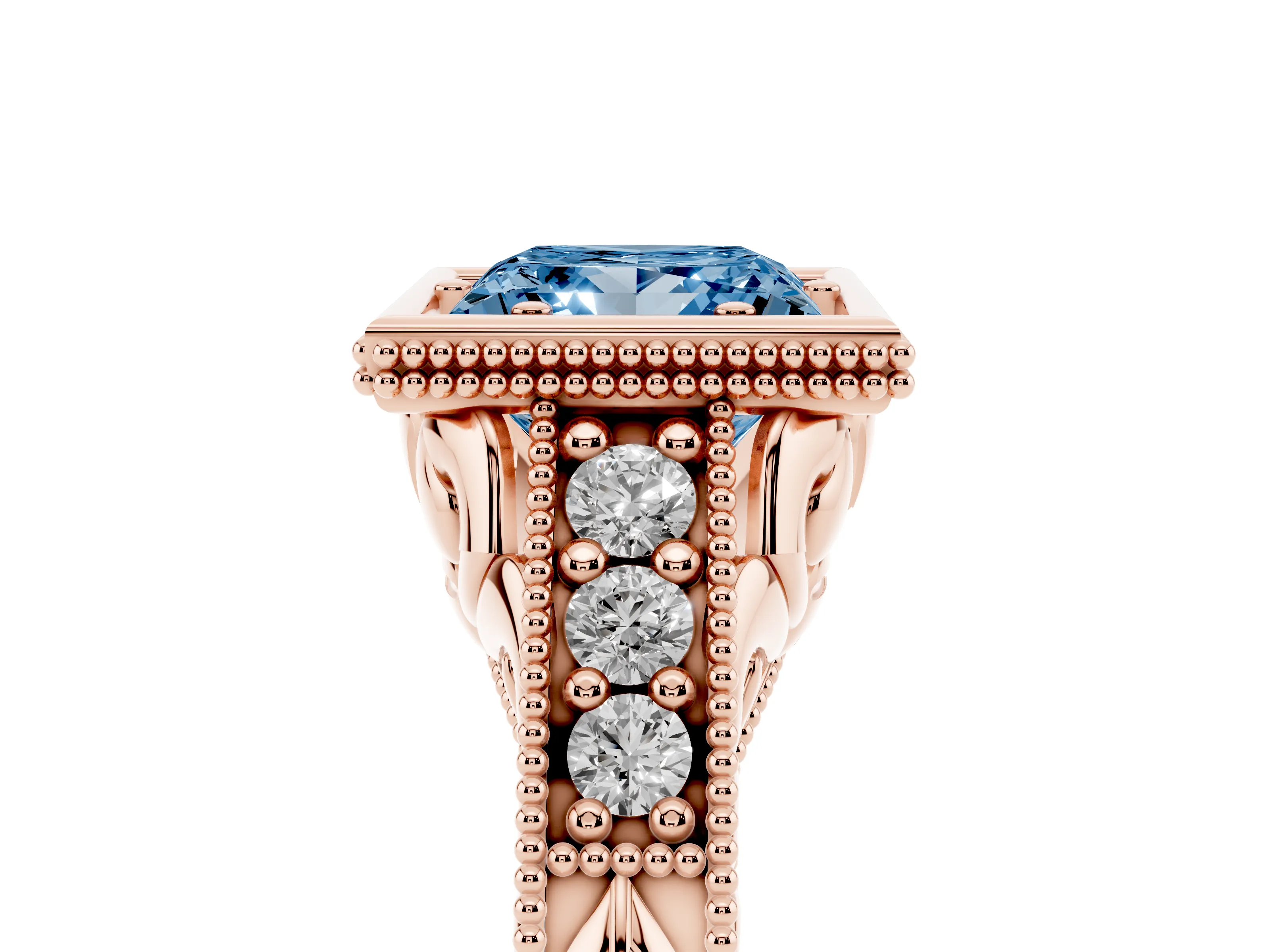 Fancy Blue Bezel Set Princess Cut Diamond Milgrain Pavé Engagement Ring Set in Rose gold