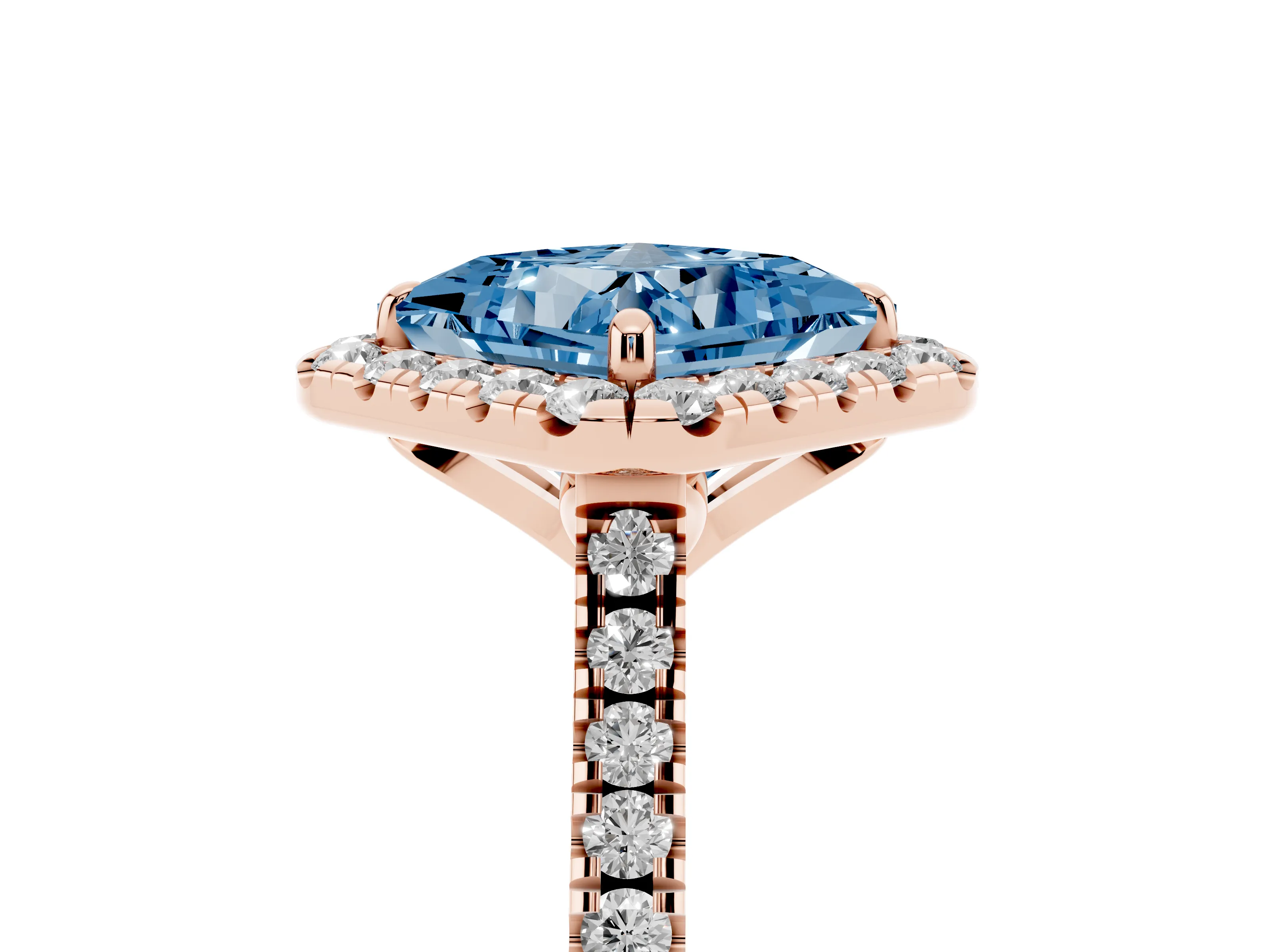 Fancy Blue Princess Cut Diamond Cushion Halo Ring Set in Rose gold with Pavé Band