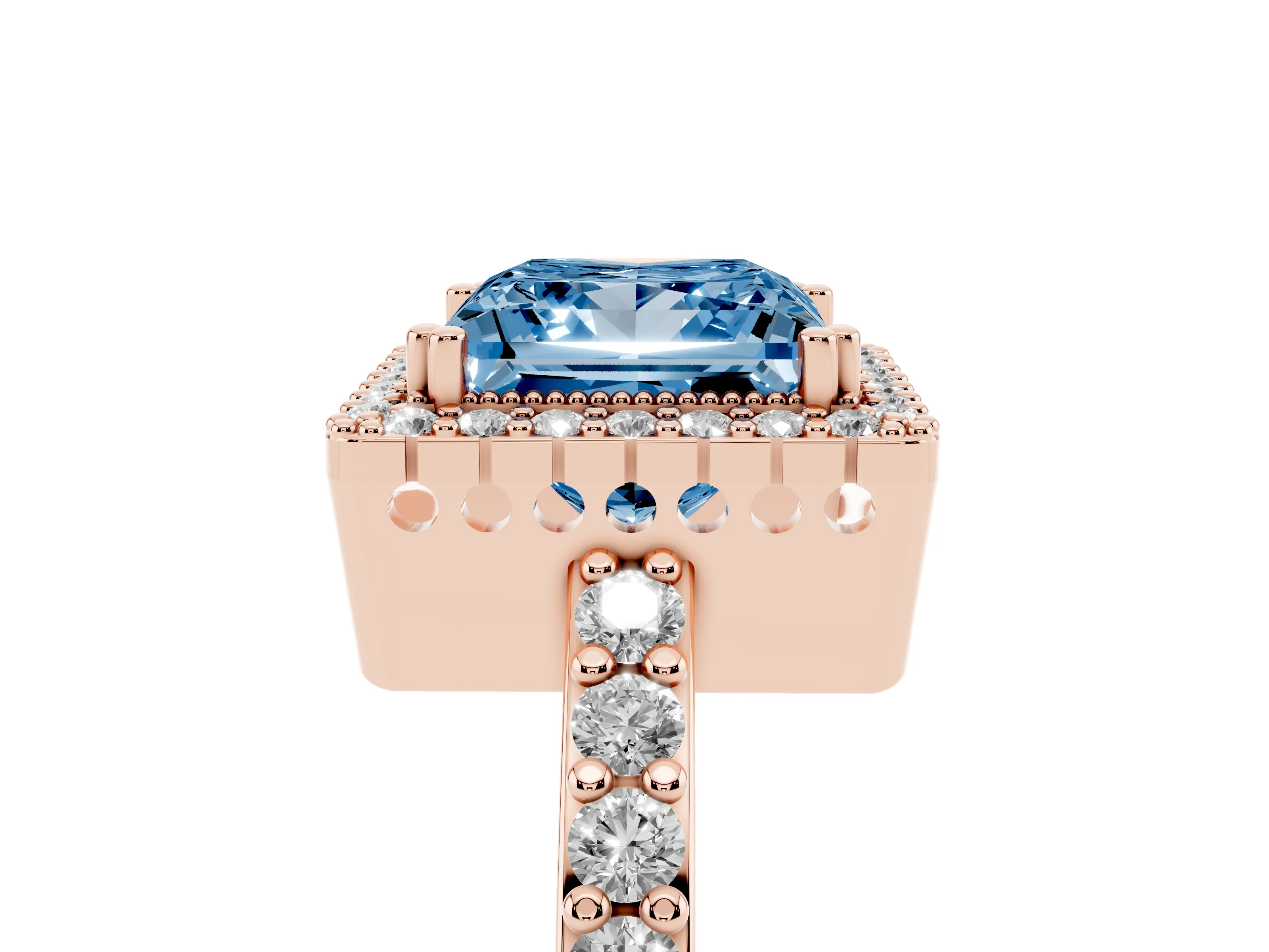 Fancy Blue Princess Cut Diamond Halo Engagement Ring Set in Rose gold with Milgrain Detail and Pavé Band