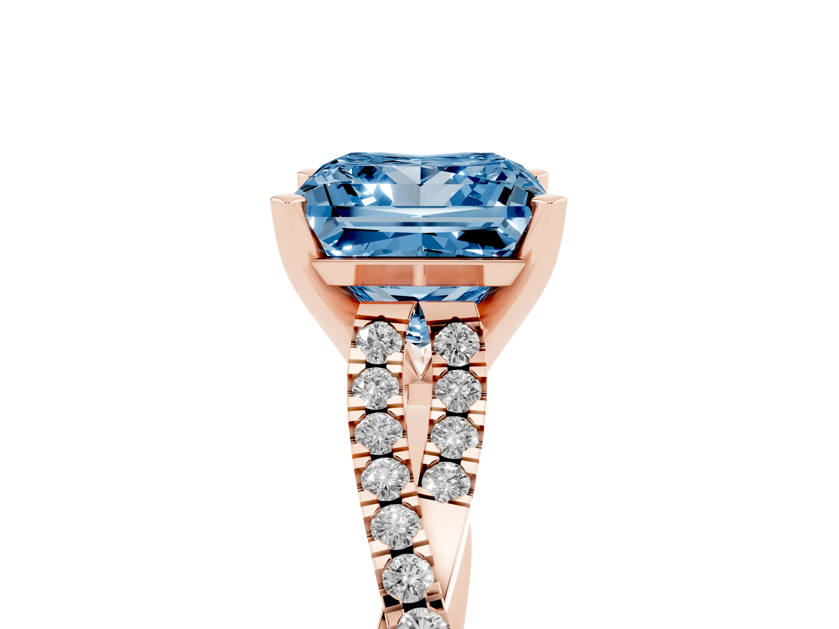 Fancy Blue Princess Cut Diamond Solitaire Engagement Ring Set in Rose gold with Twisted Pavé Band and Prong Setting