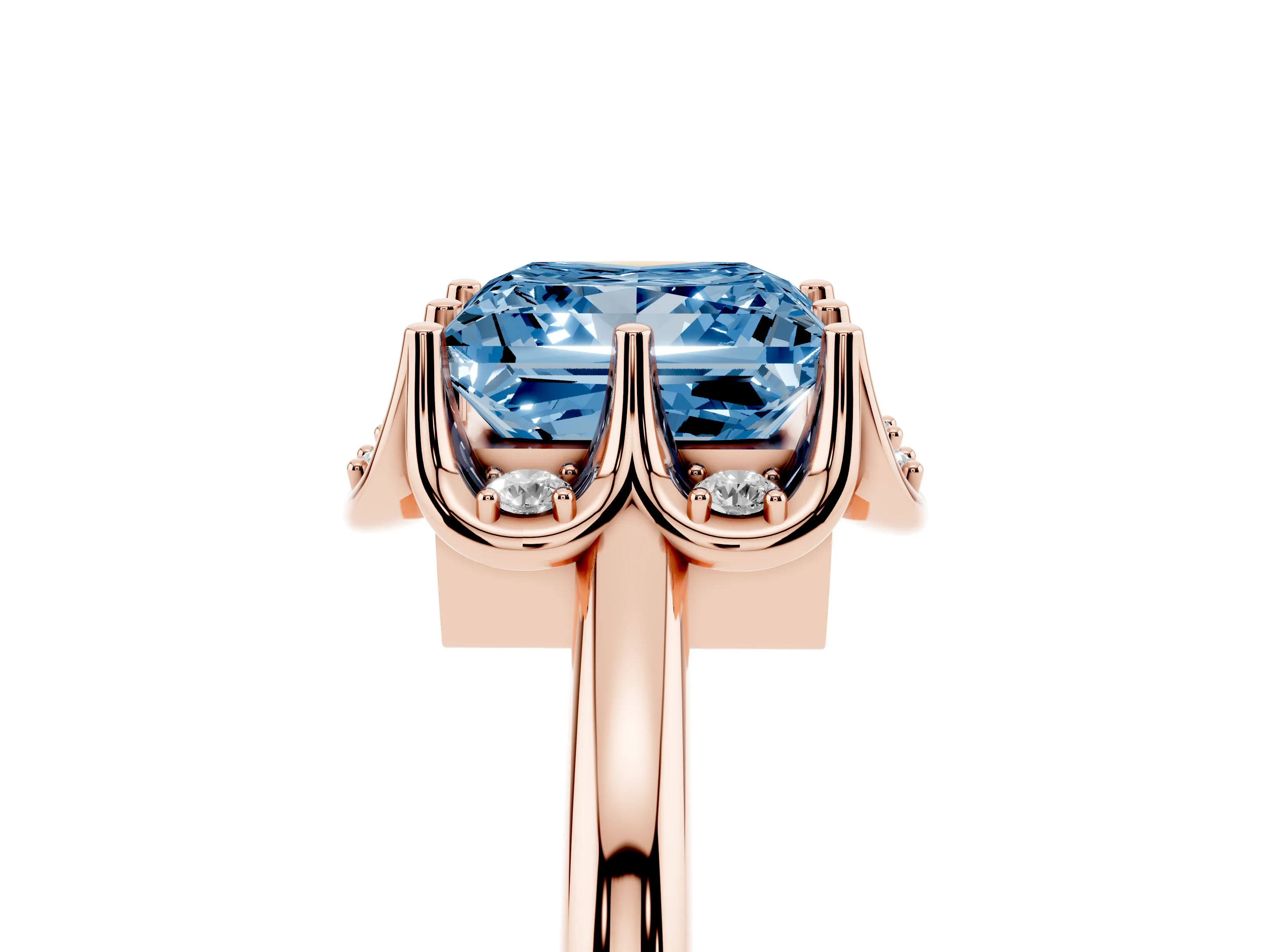 Fancy Blue Princess Cut Diamond Round Cluster Halo Ring Set in Rose gold with Solitaire Band and Prong Setting