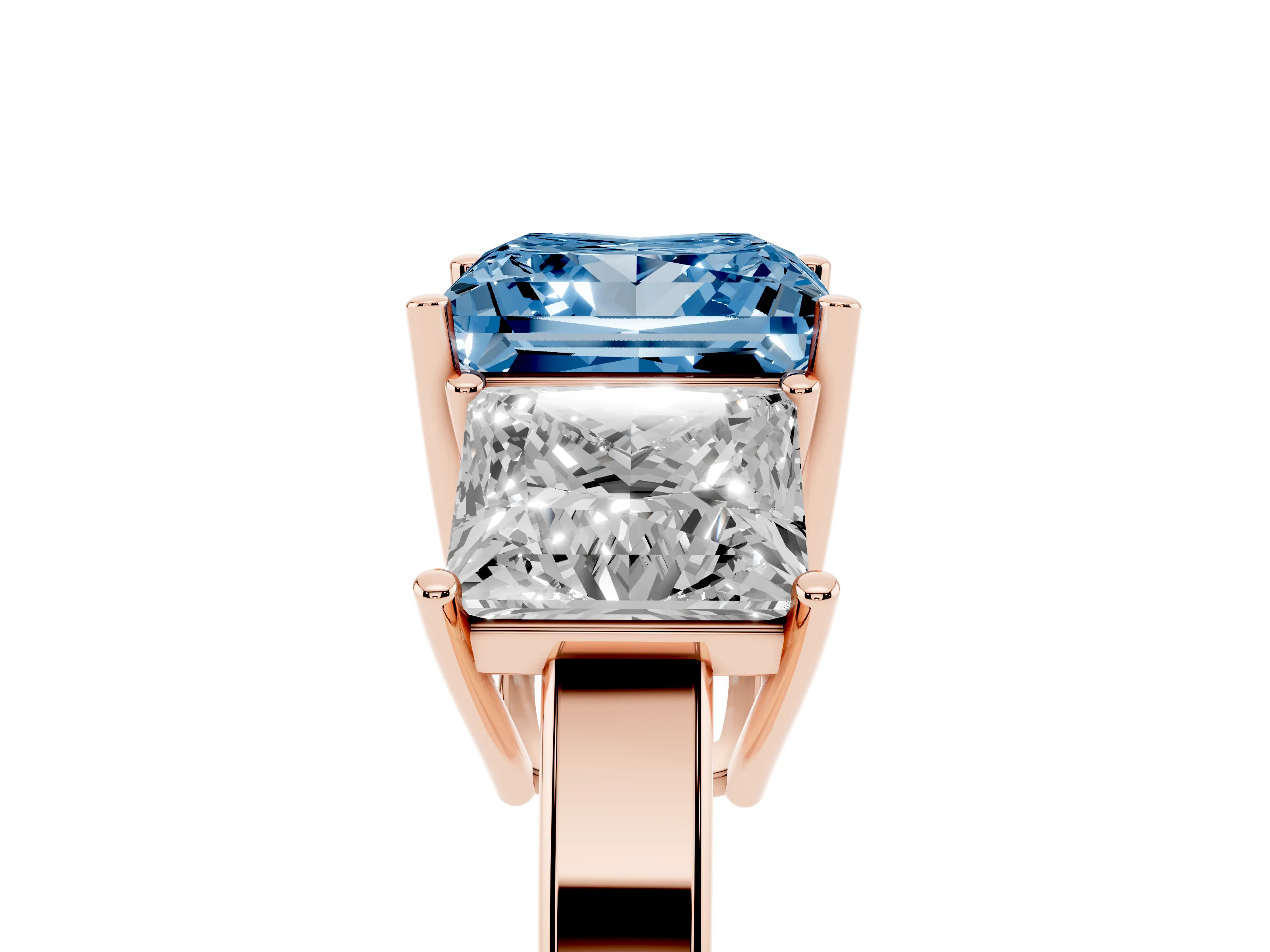 Fancy Blue Princess Cut Diamond Three-Stone Engagement Ring Set in Rose gold with Flat Band