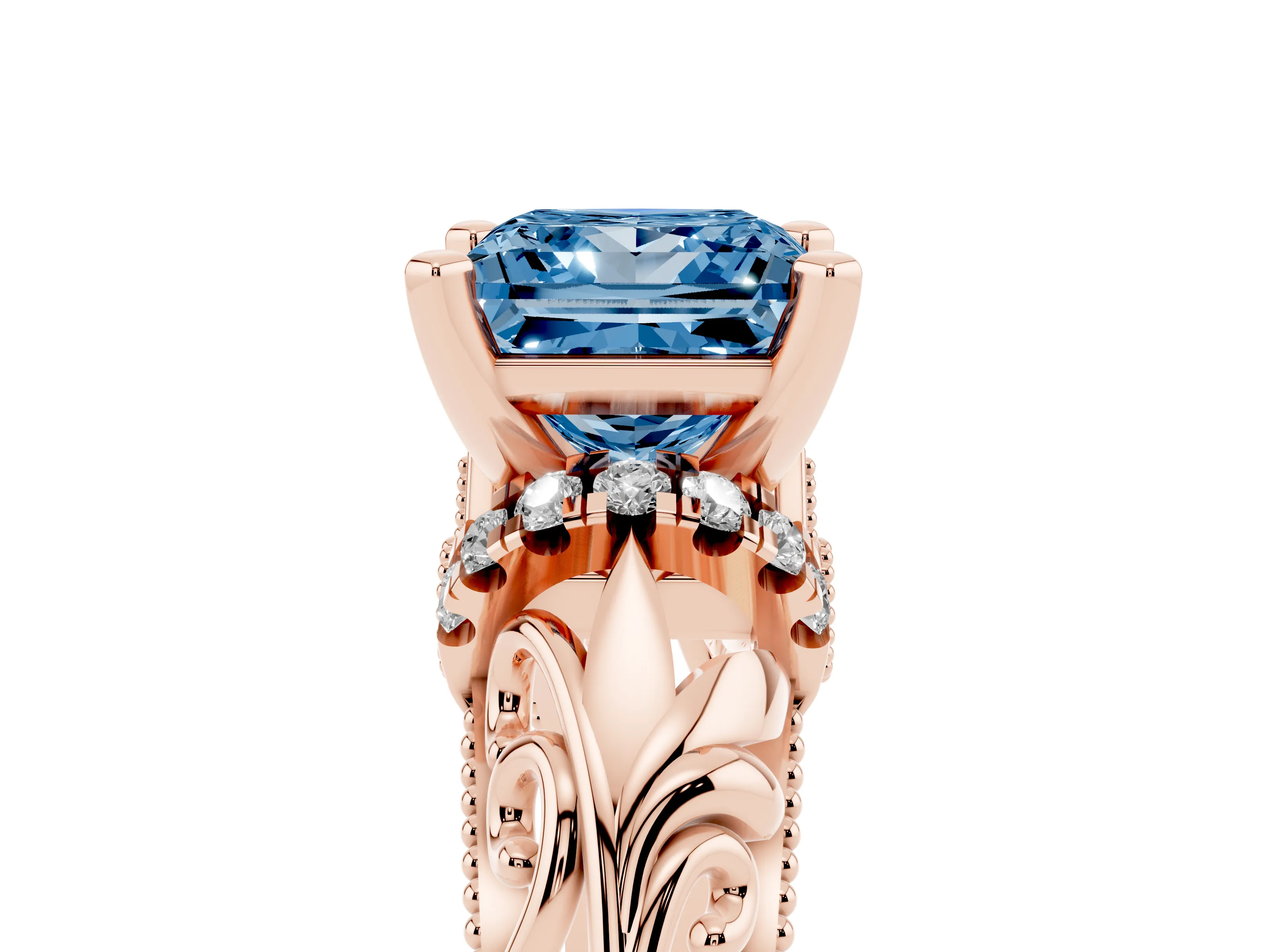 Fancy Blue Princess Cut Diamond Filigree Halo Engagement Ring Set in Rose gold with Prong Setting