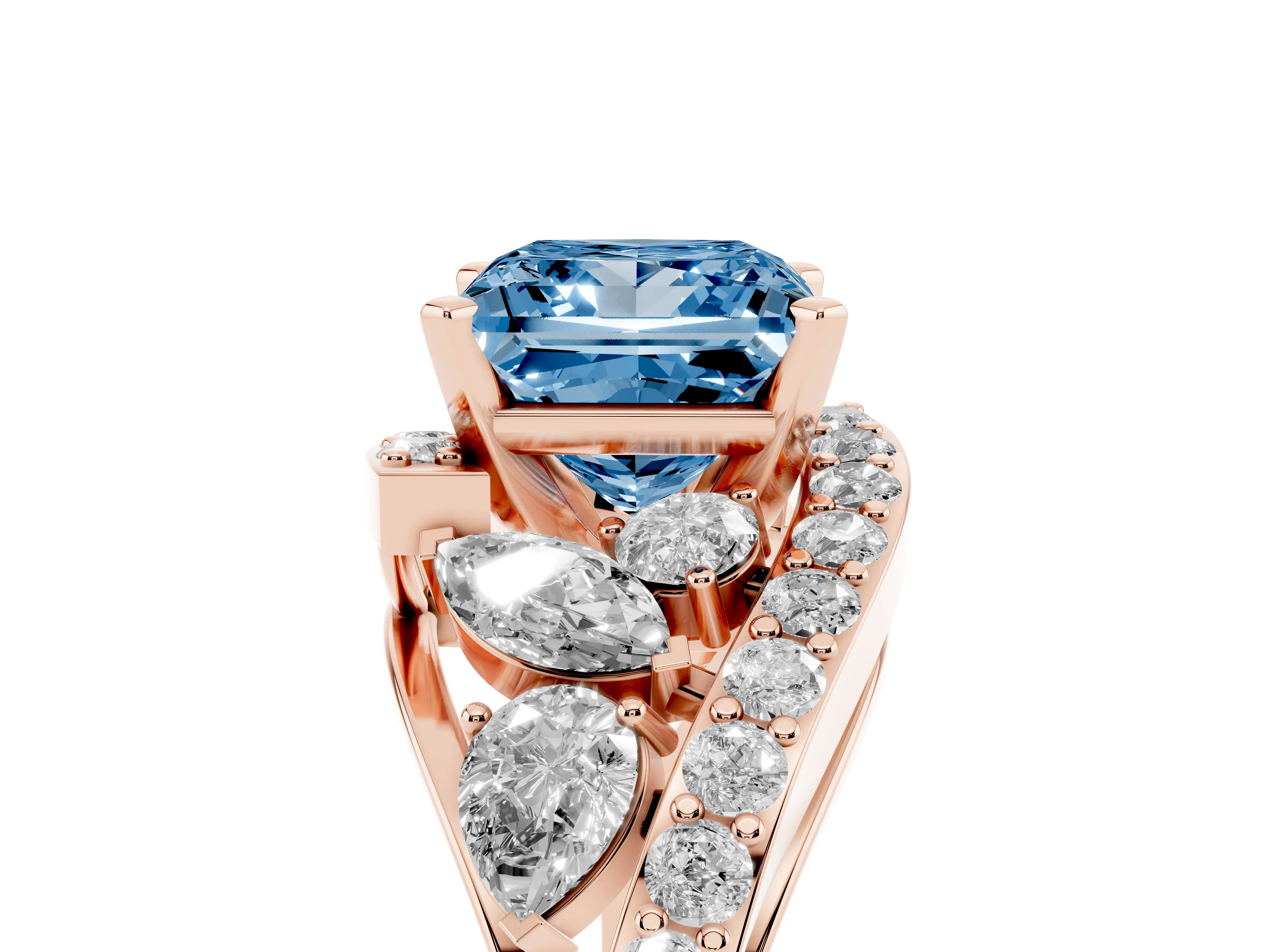 Fancy Blue Princess Cut Diamond Halo Ring Set in Rose gold with Marquise and Pavé Band in Prong Setting