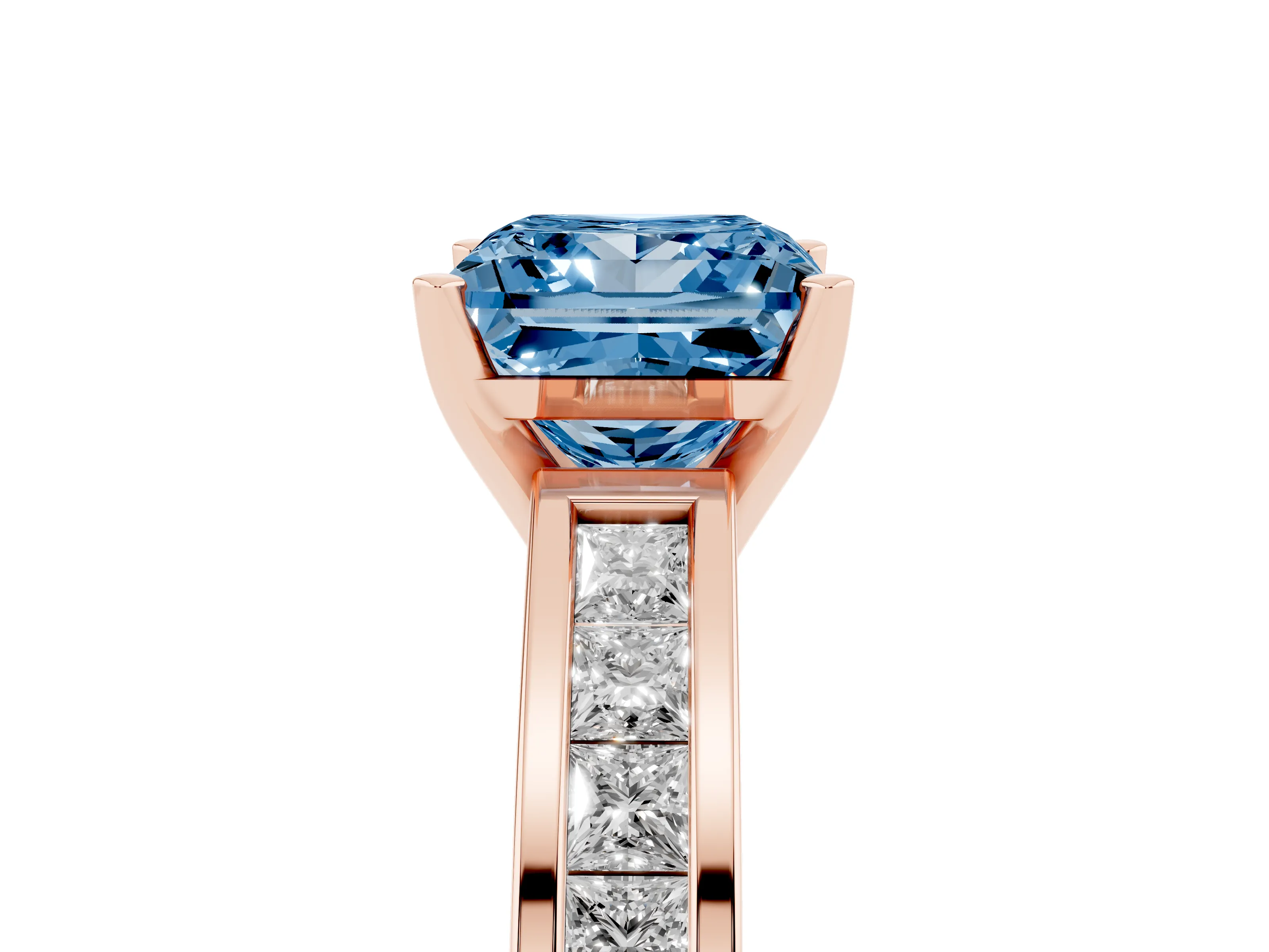 Fancy Blue Princess Cut Diamond Solitaire Ring Set in Rose gold with Channel-Set Band and Prong Setting