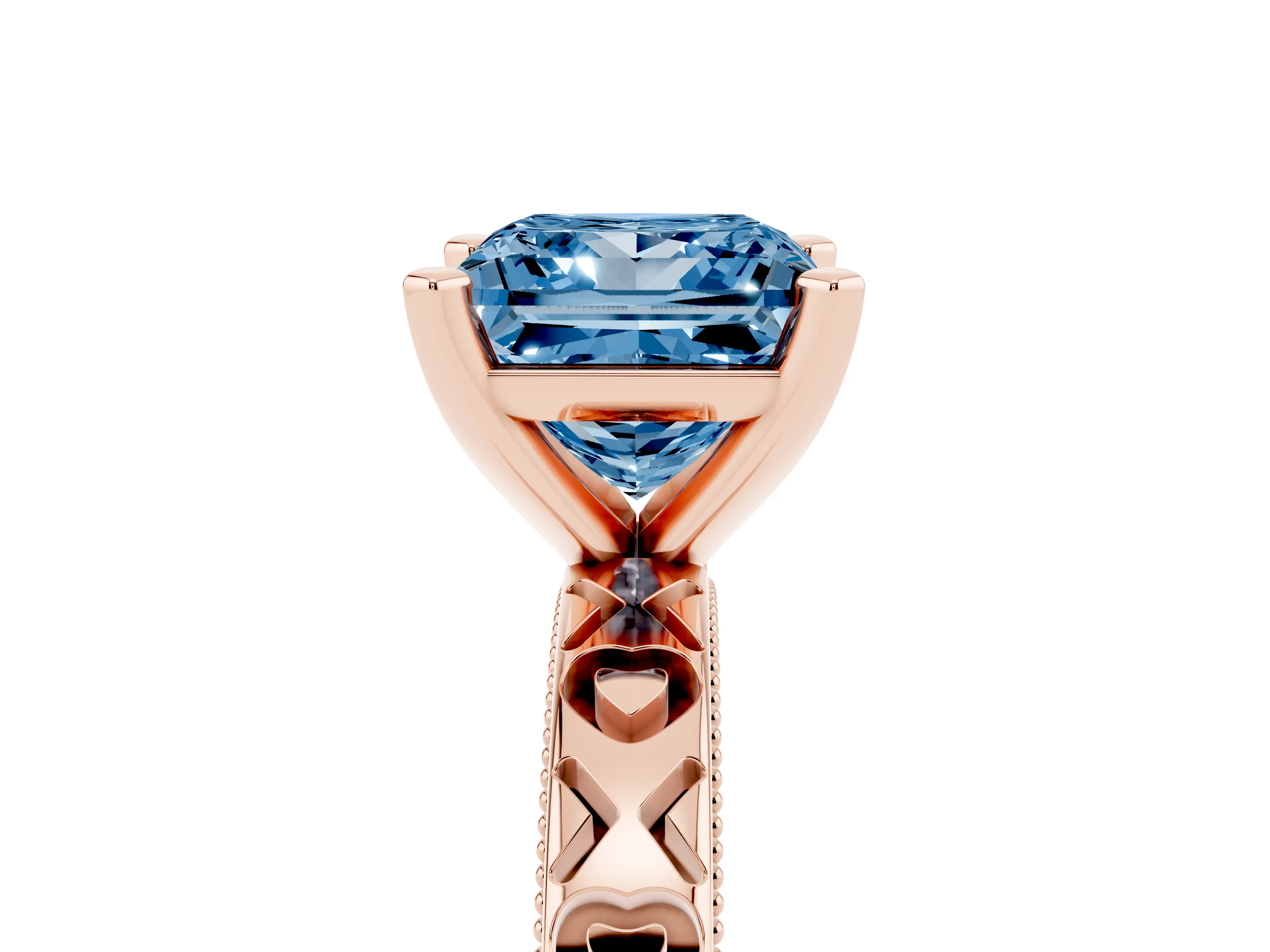Fancy Blue Princess Cut Diamond Solitaire Engagement Ring Set in Rose gold with XO Engraved Band and Prong Setting
