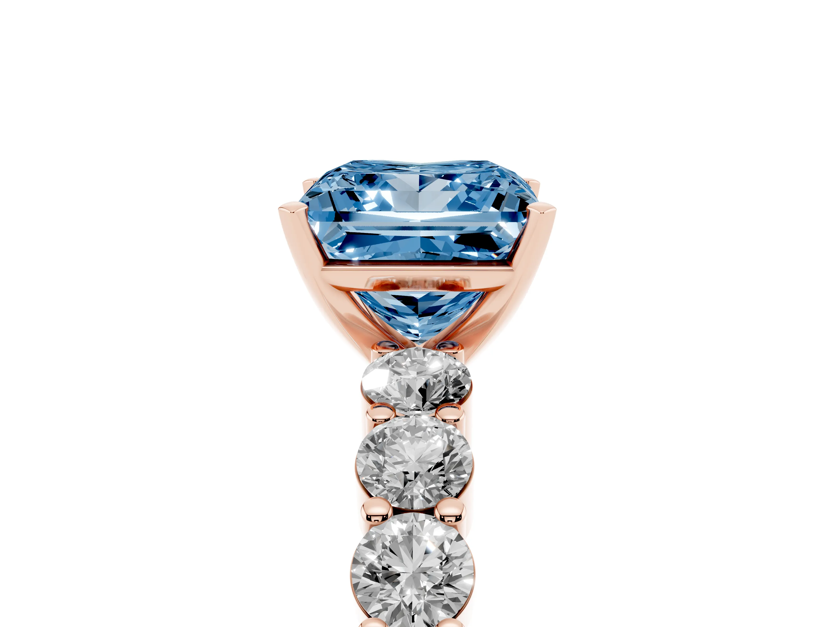 Fancy Blue Princess Cut Diamond Solitaire Ring Set in Rose gold with Shared Prong Round Side Stones