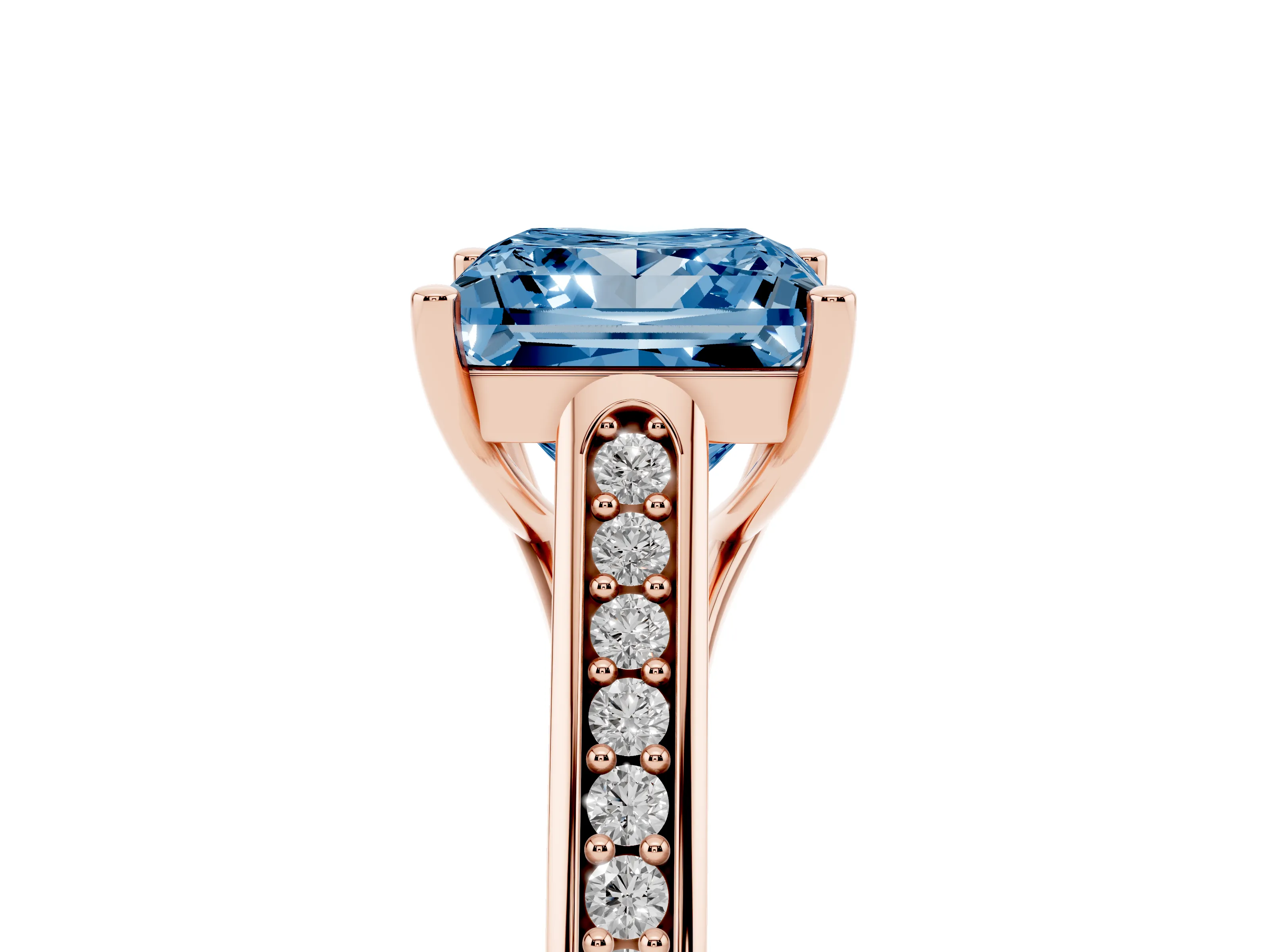 Fancy Blue Princess Cut Diamond Solitaire Cathedral Engagement Ring Set in Rose gold with Channel-Set Band and Prong Setting