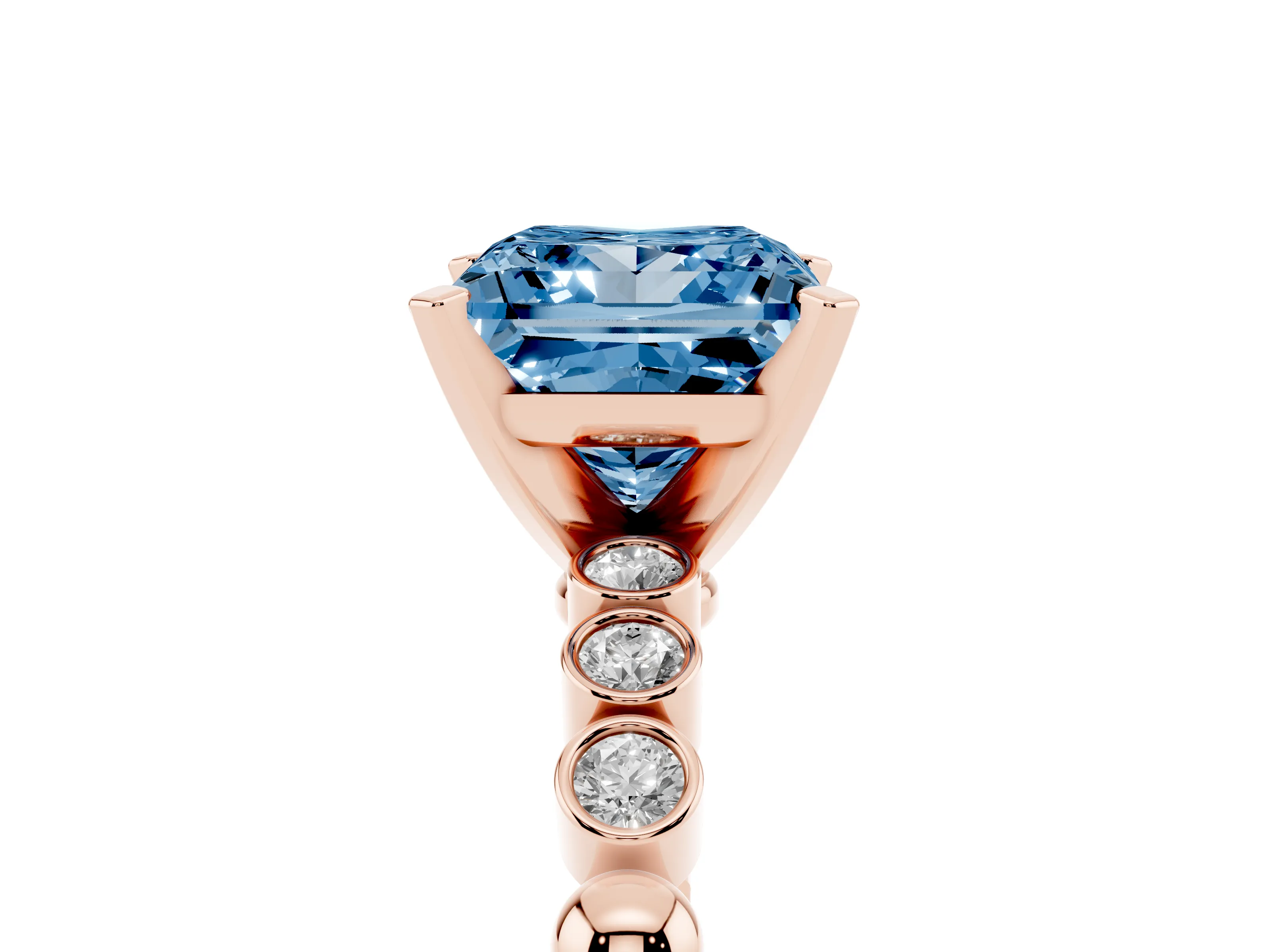 Fancy Blue Princess Cut Diamond Solitaire Engagement Ring Set in Rose gold with Bezel Accents on Beaded Band