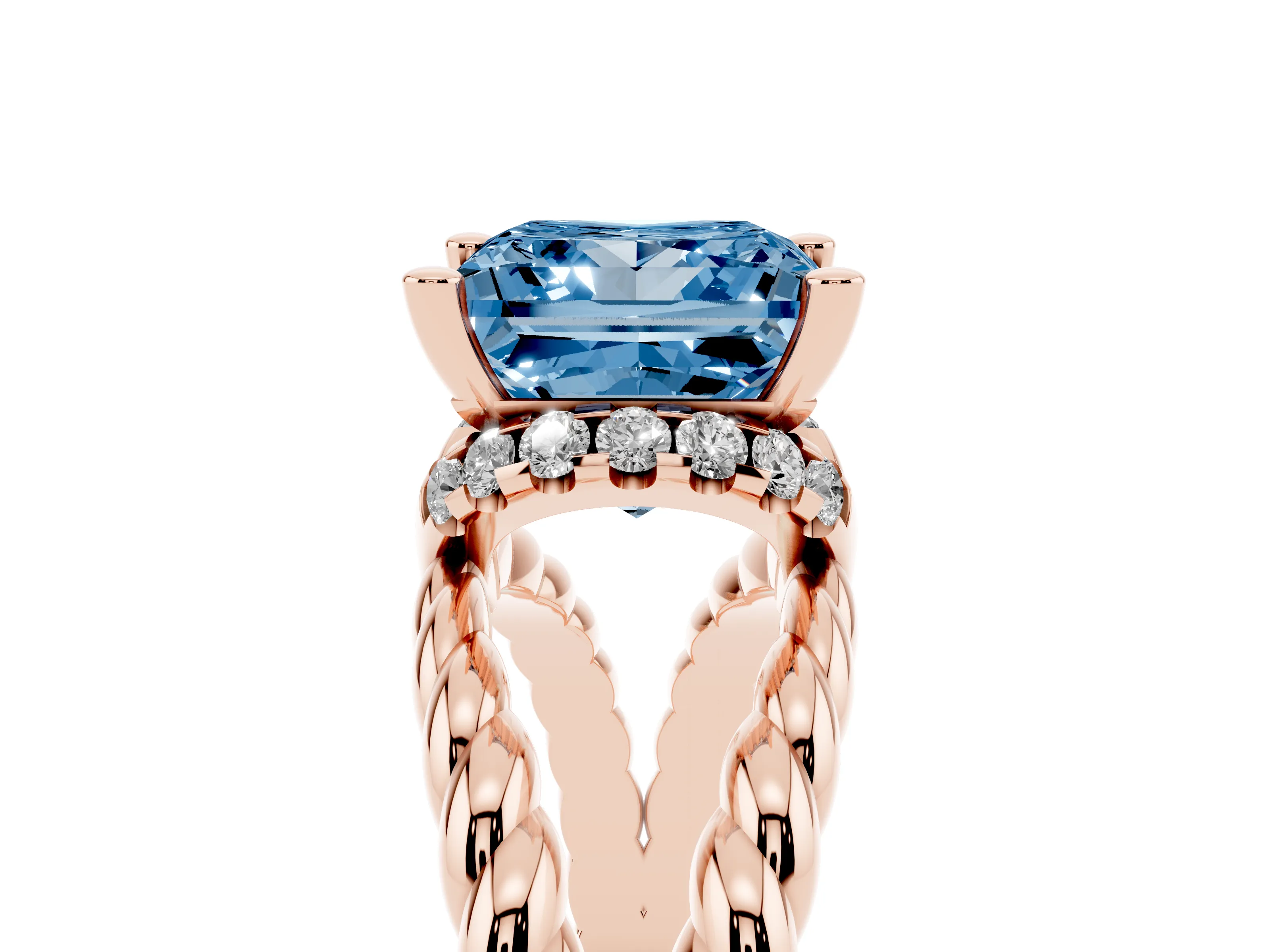 Fancy Blue Princess Cut Diamond Halo Ring Set in Rose gold with Twisted Band and Prong Setting