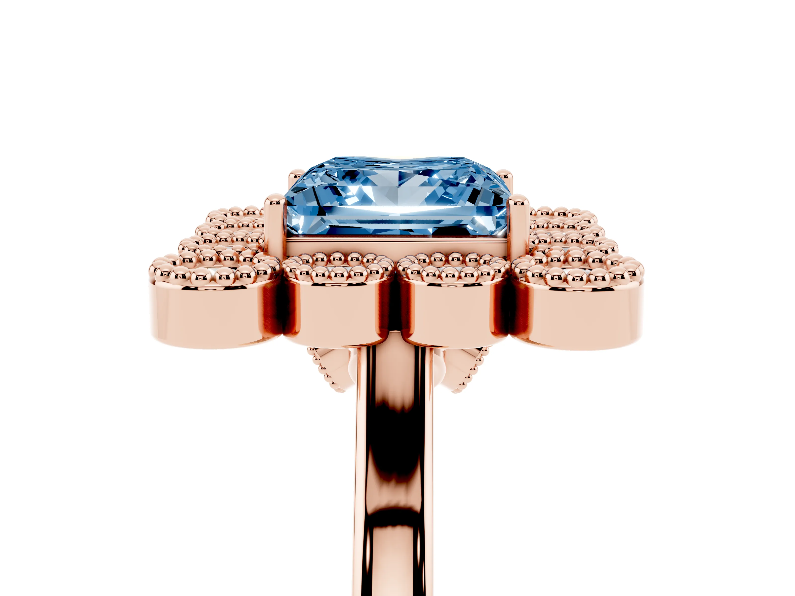 Fancy Blue Princess Cut Diamond Cluster Halo Ring Set in Rose gold with Milgrain Bezel Accents and Plain Band