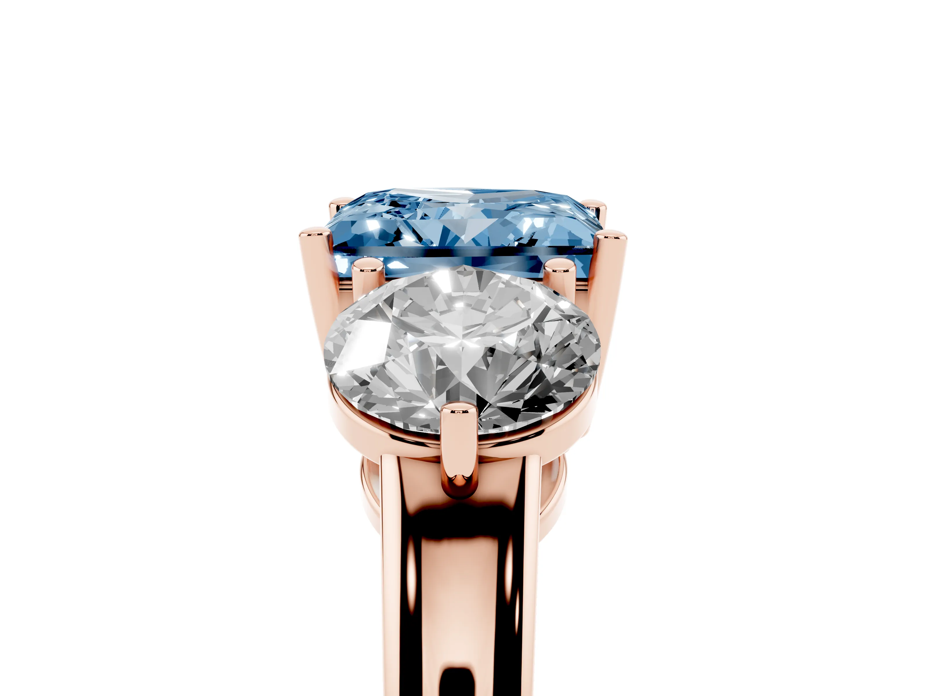 Fancy Blue Princess Cut Diamond Three-Stone Ring Set in Rose gold with Prong Setting and Plain Band