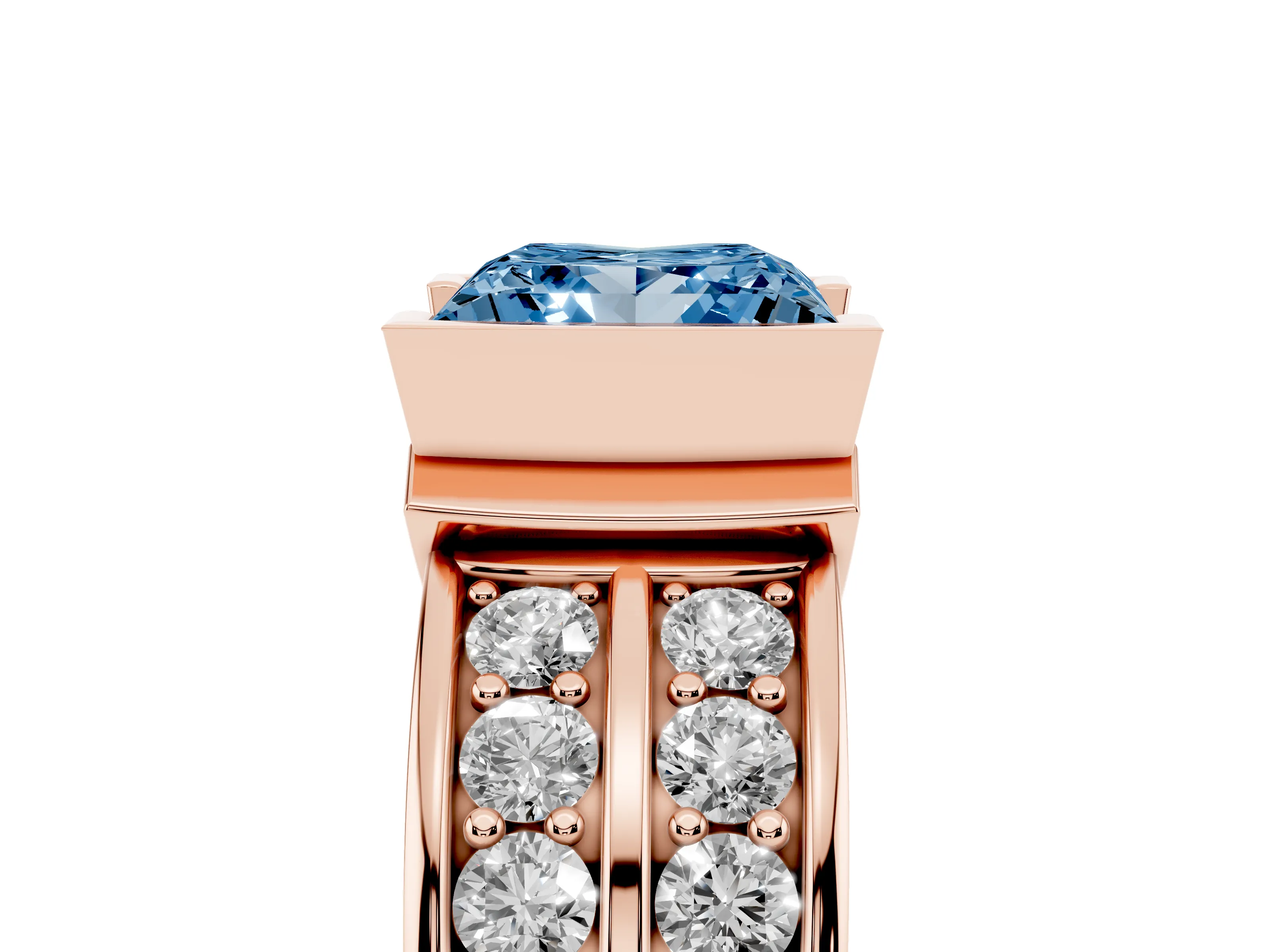 Fancy Blue Princess Cut Diamond Wide Channel Set Band Ring Set in Rose gold with Bezel Setting