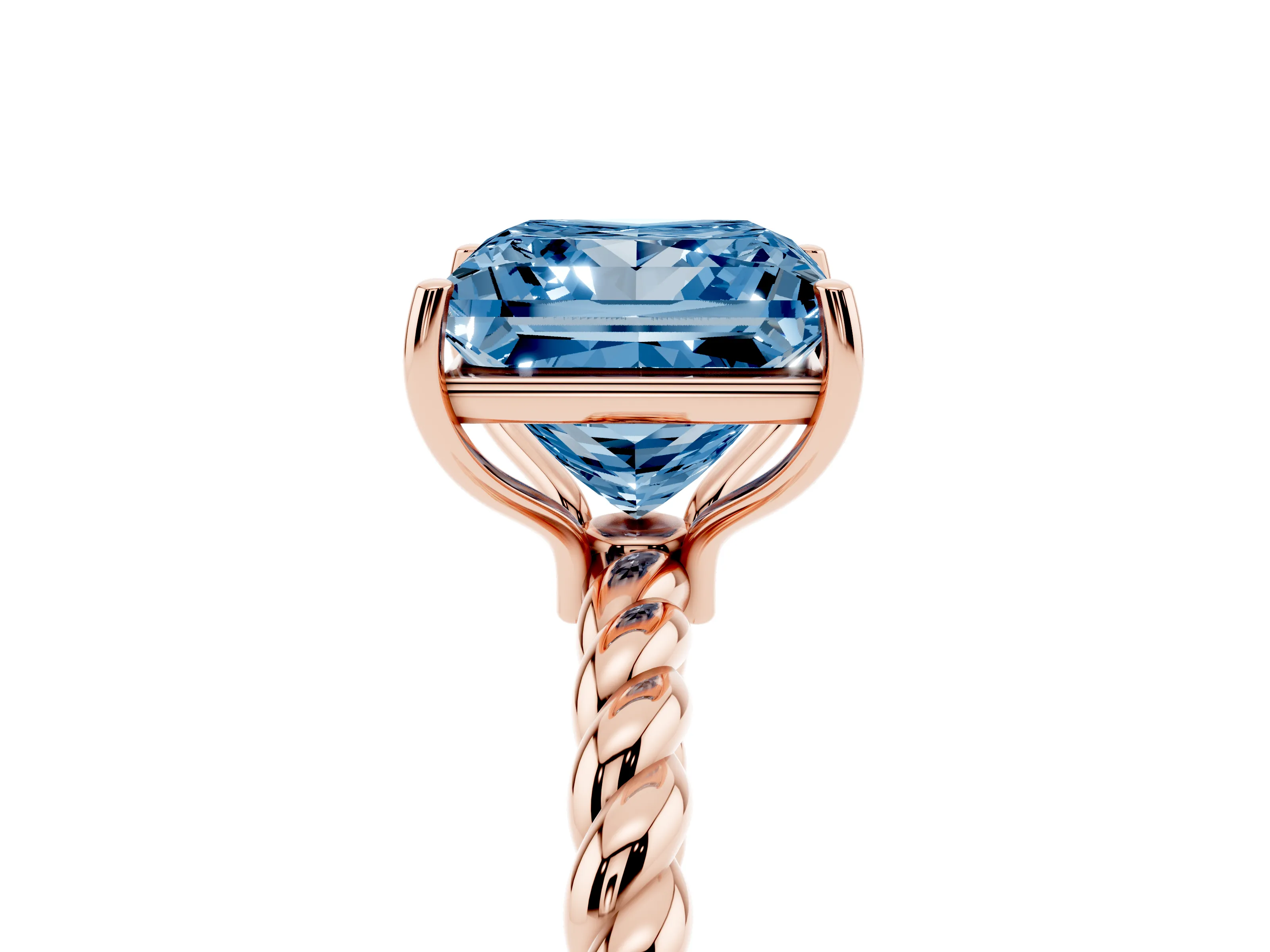 Fancy Blue Princess Cut Diamond Solitaire Ring Set in Rose gold with Twist Band and Prong Setting