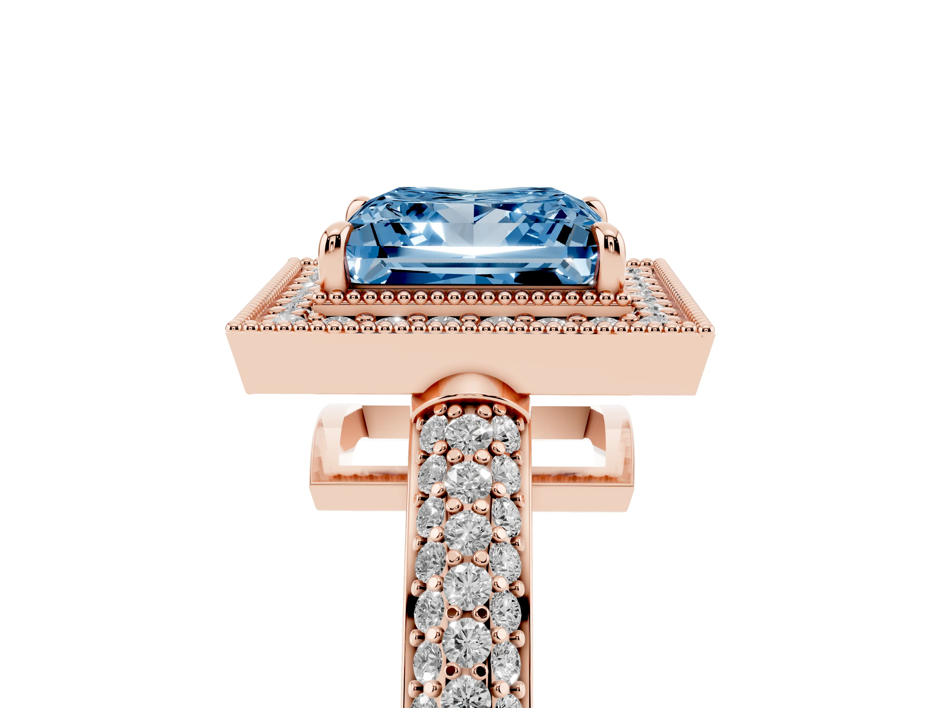 Fancy Blue Princess Cut Diamond Halo Pavé Band Set in Rose gold with Prong Setting
