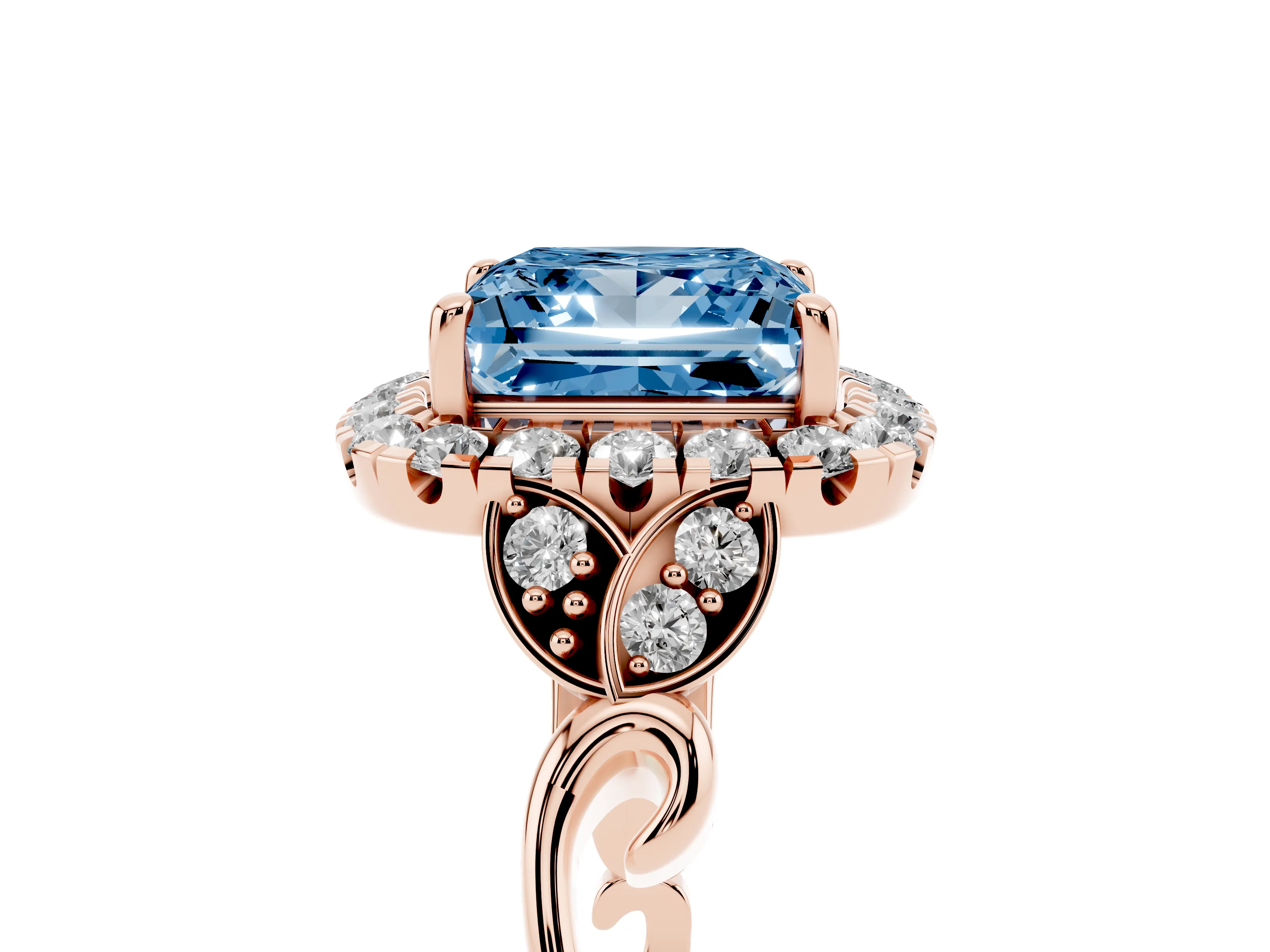 Fancy Blue Princess Cut Diamond Halo Engagement Ring Set in Rose gold with Vintage-Inspired Band and Prong Setting
