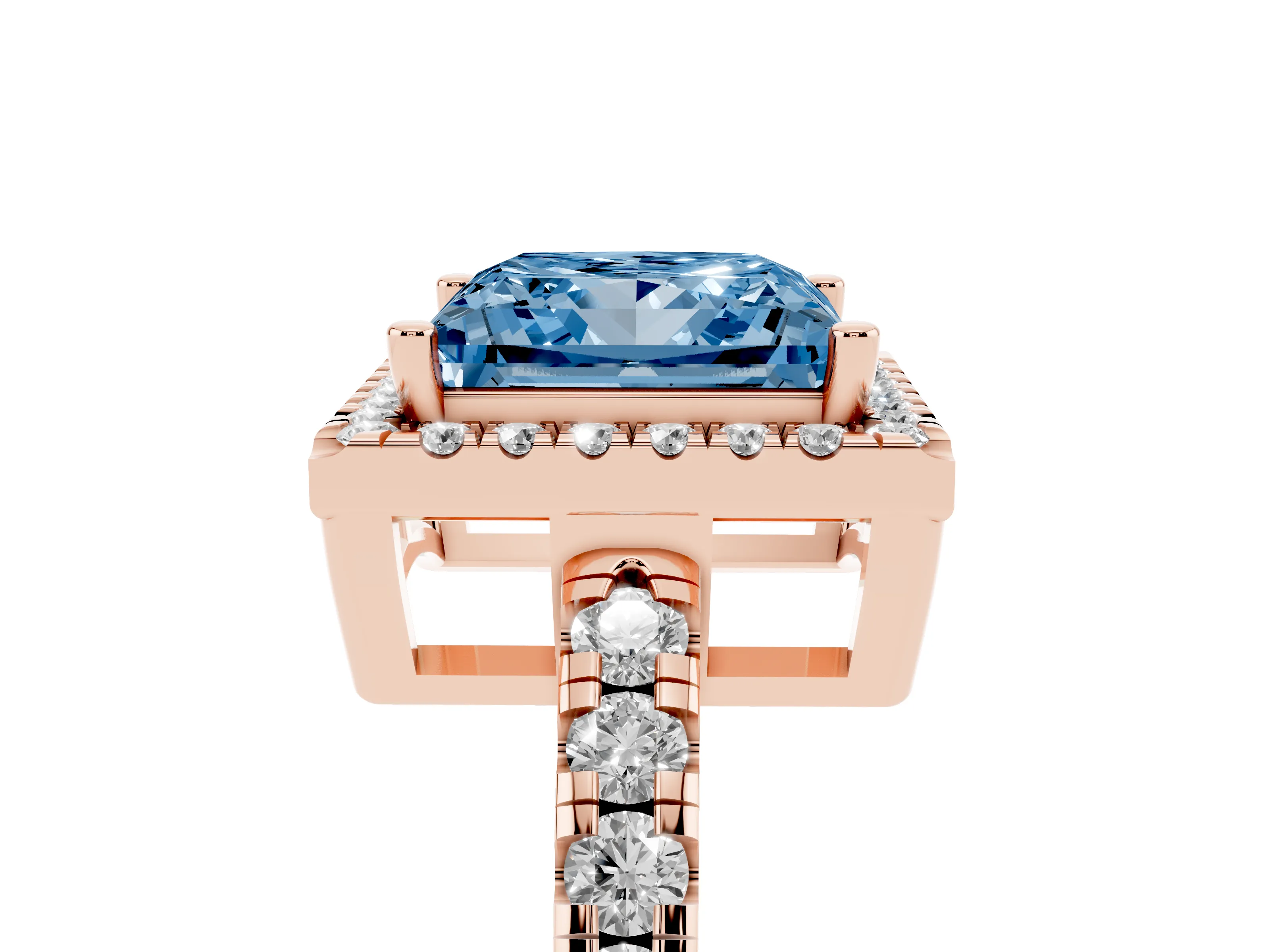 Fancy Blue Princess Cut Diamond Halo Ring Set in Rose gold with Delicate Pavé Band and Prong Setting