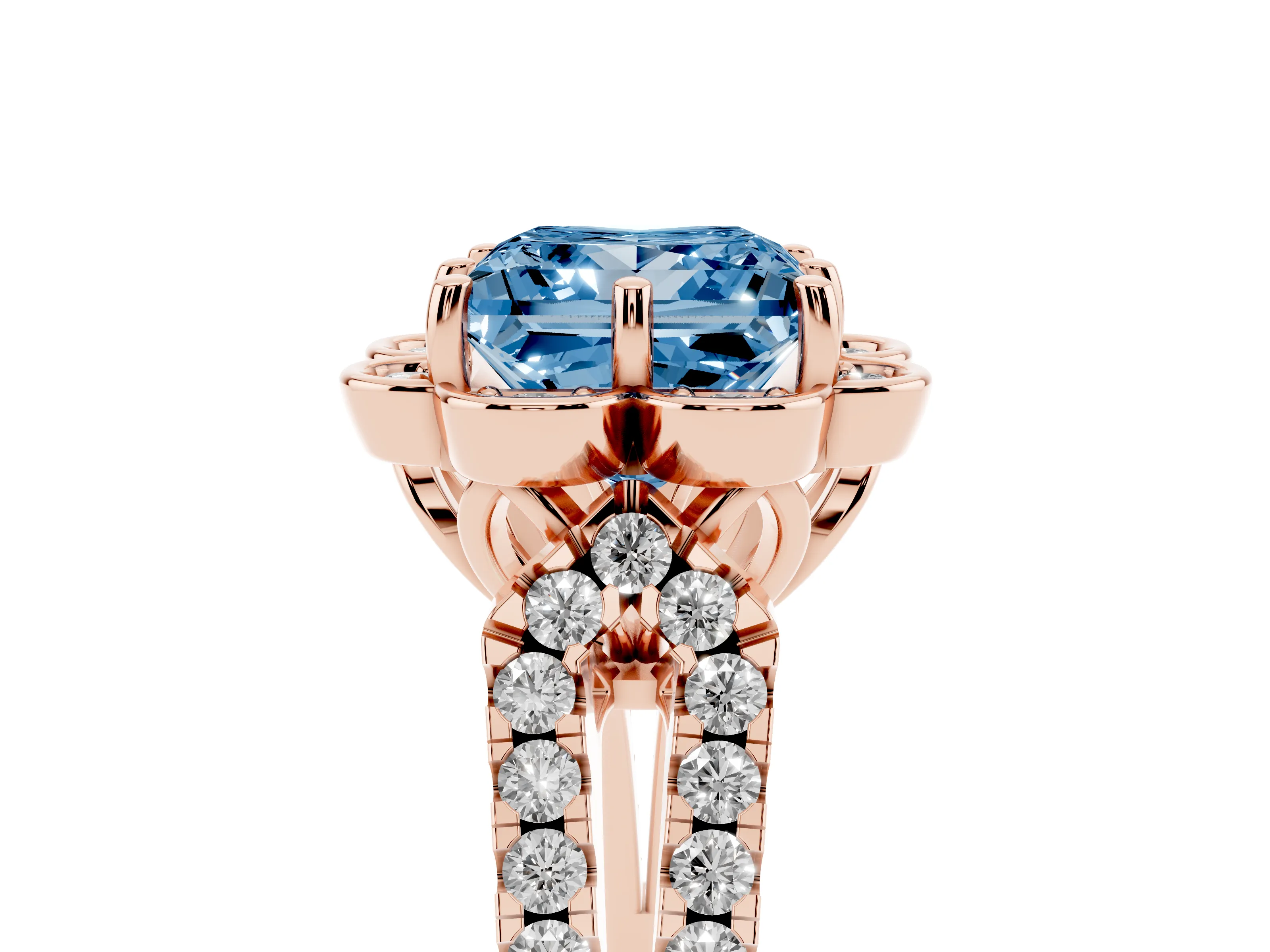 Fancy Blue Princess Cut Diamond Floral Halo Split Shank Engagement Ring Set in Rose gold with Pavé Shank