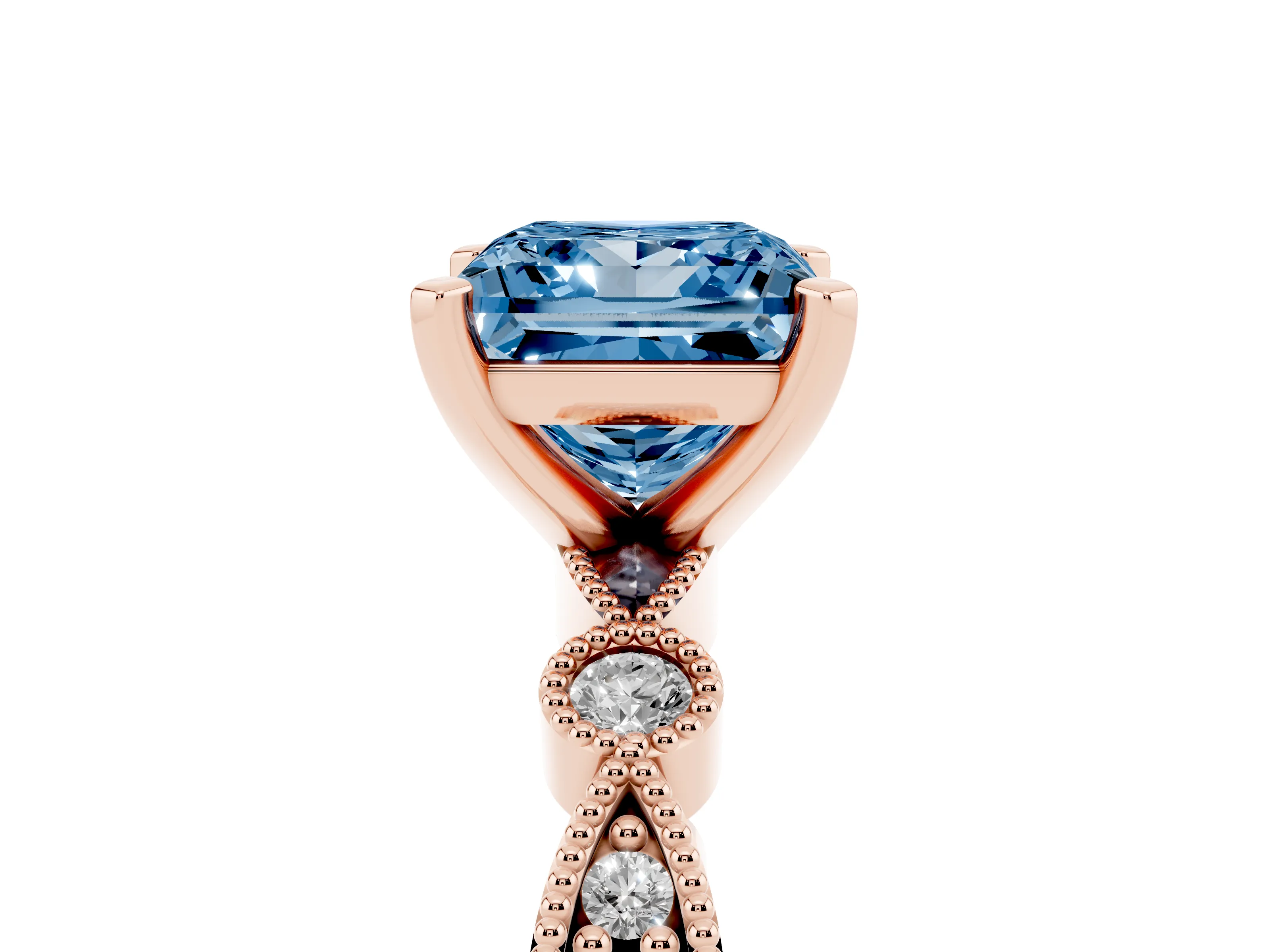 Fancy Blue Princess Cut Diamond Solitaire Engagement Ring Set in Rose gold with Milgrain Bezel Accent Band