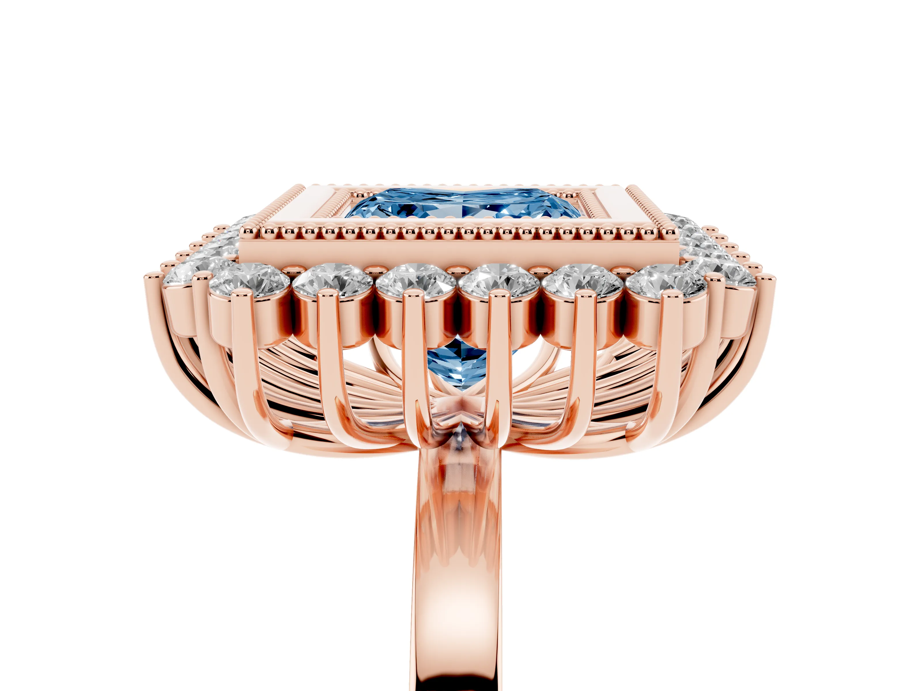 Fancy Blue Princess Cut Diamond Halo Ring Set in Rose gold with Milgrain Edge and Round Prong Setting