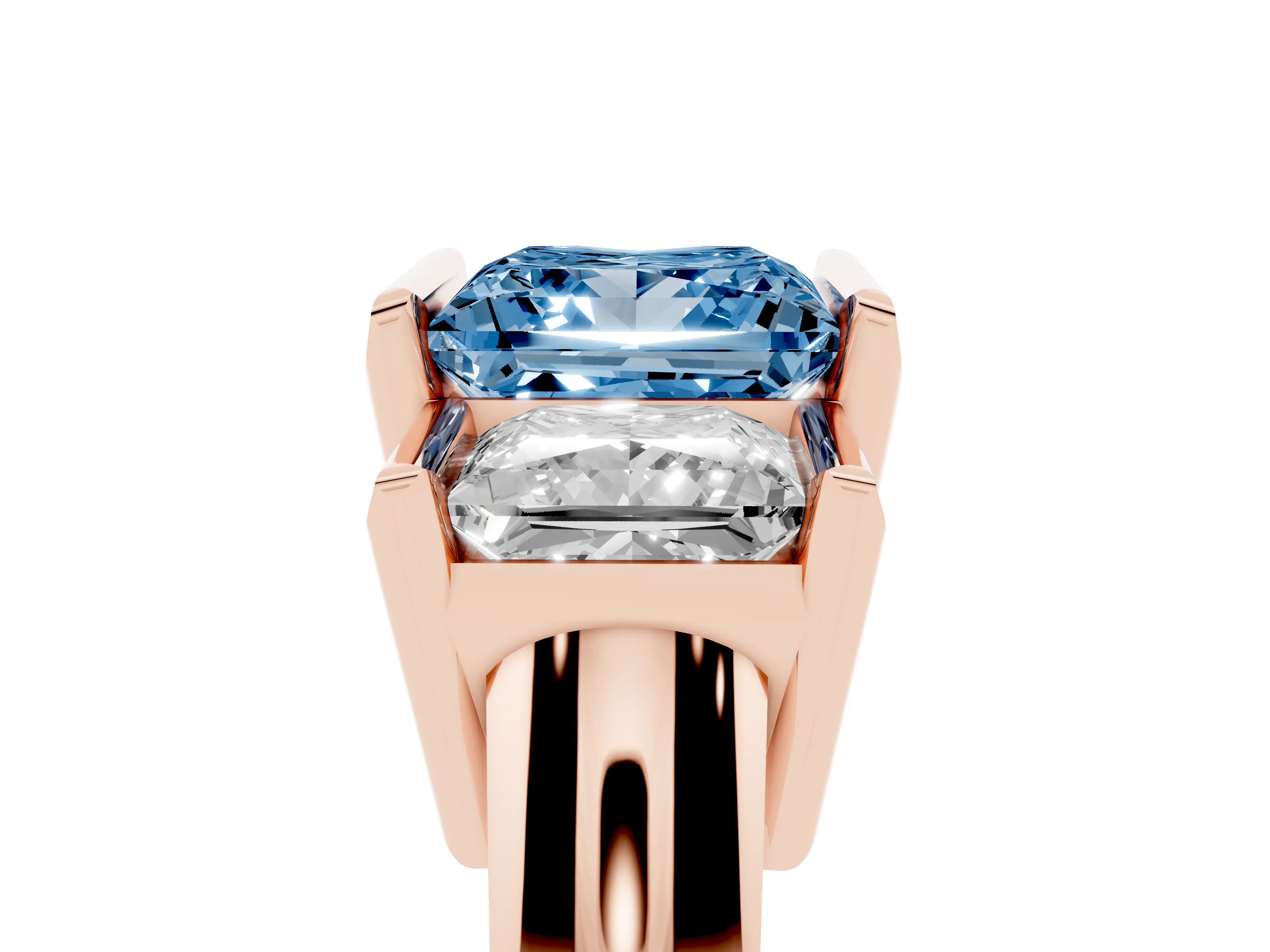 Fancy Blue Princess Cut Diamond Three-Stone Channel Set Ring Set in Rose gold with Smooth Polished Band