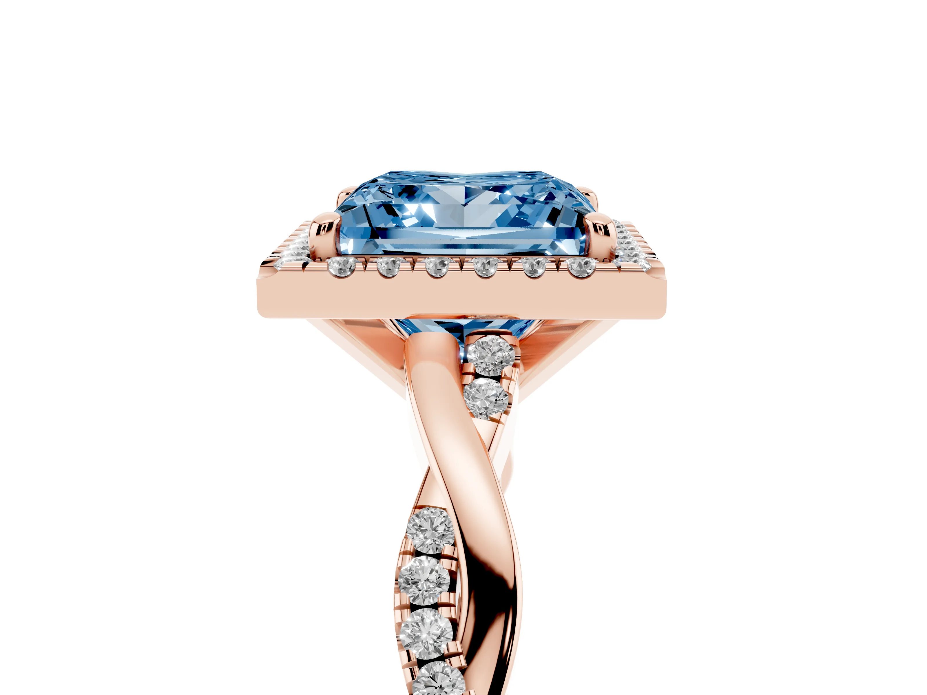 Fancy Blue Princess Cut Diamond Halo Twisted Band Ring Set in Rose gold with Prong Setting
