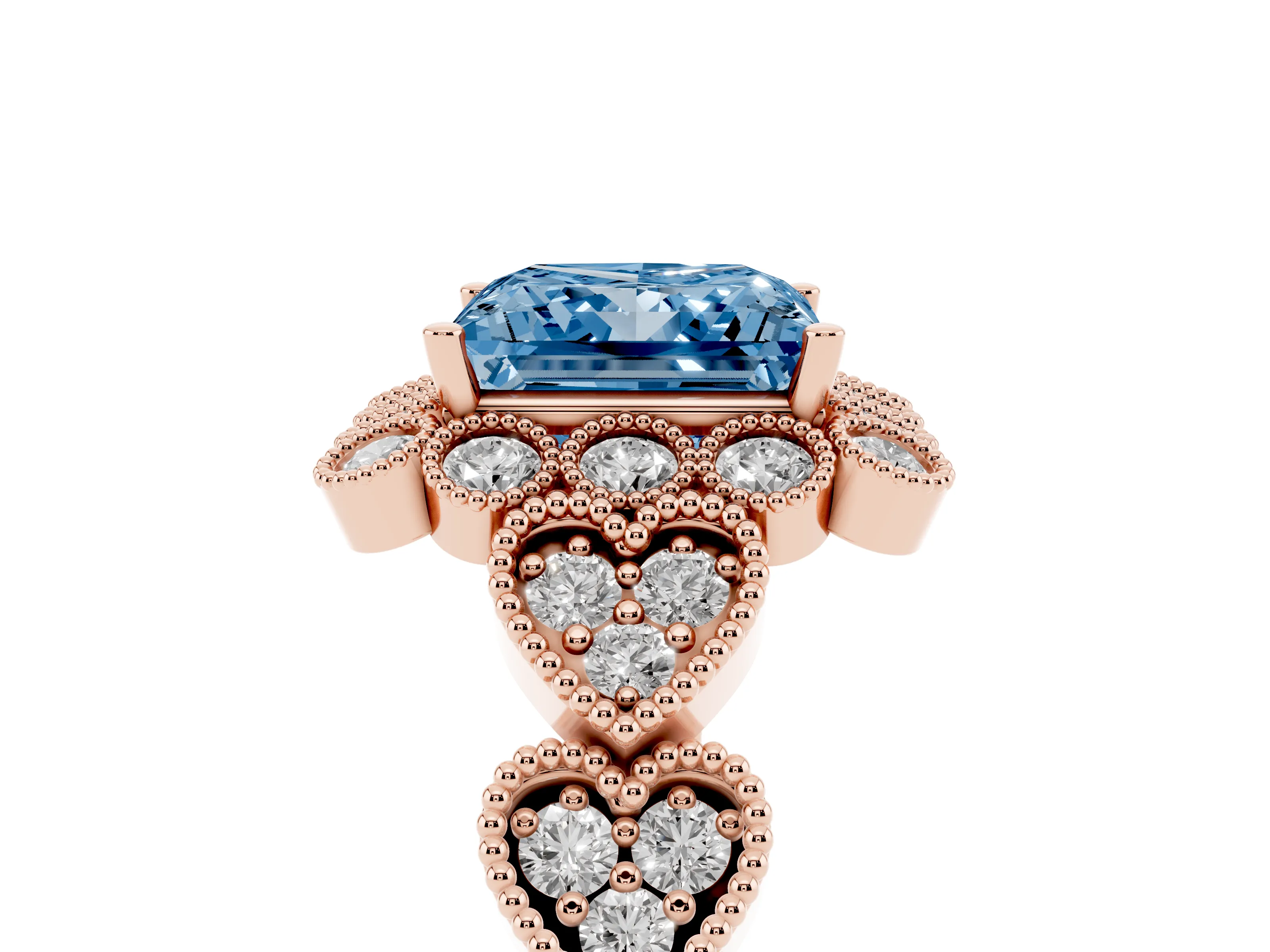 Fancy Blue Princess Cut Diamond Solitaire Ring Set in Rose gold with Milgrain Pavé Heart Band