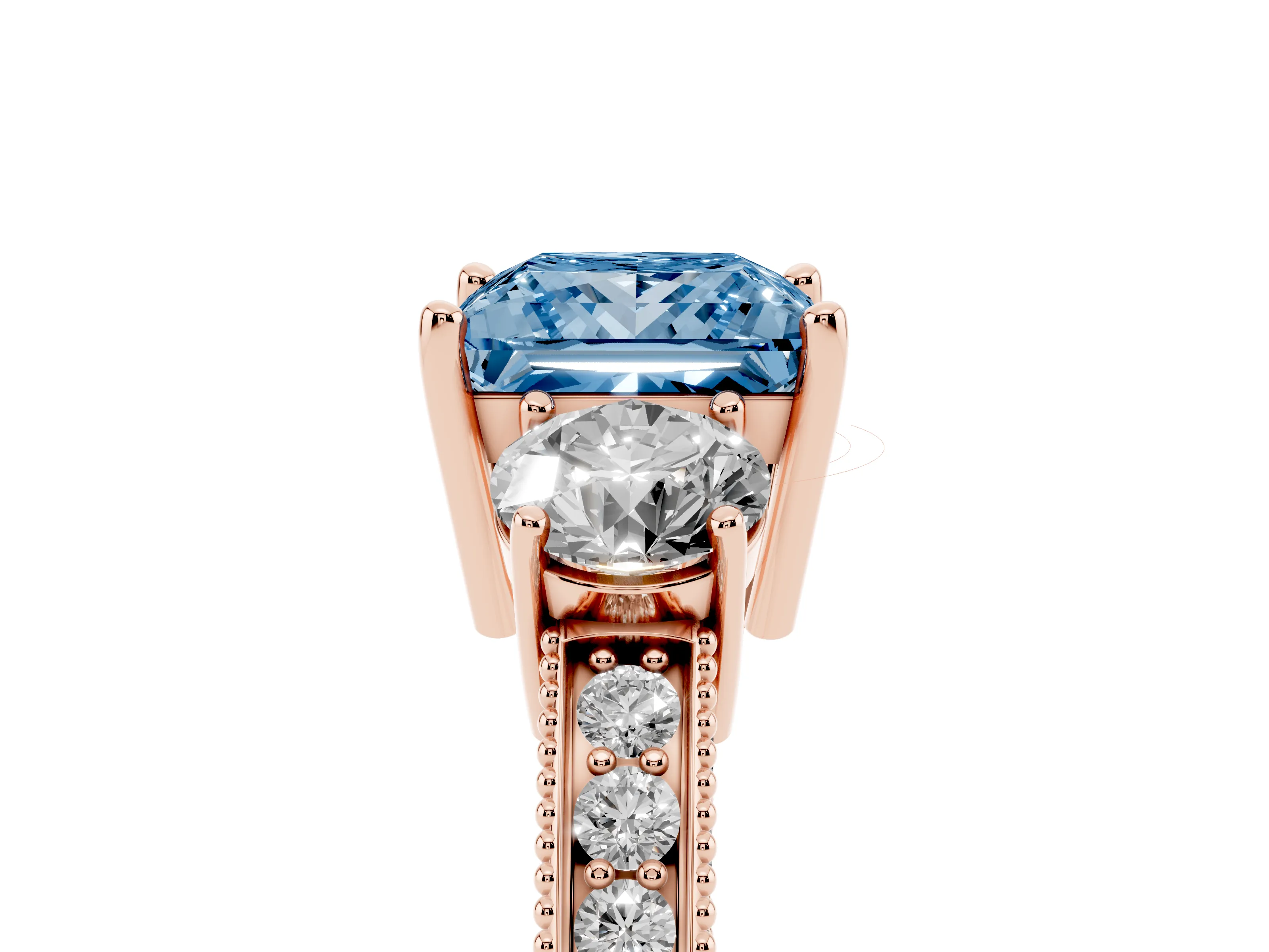 Fancy Blue Princess Cut Diamond Three-Stone Ring Set in Rose gold with Round Side Stones and Pavé Band