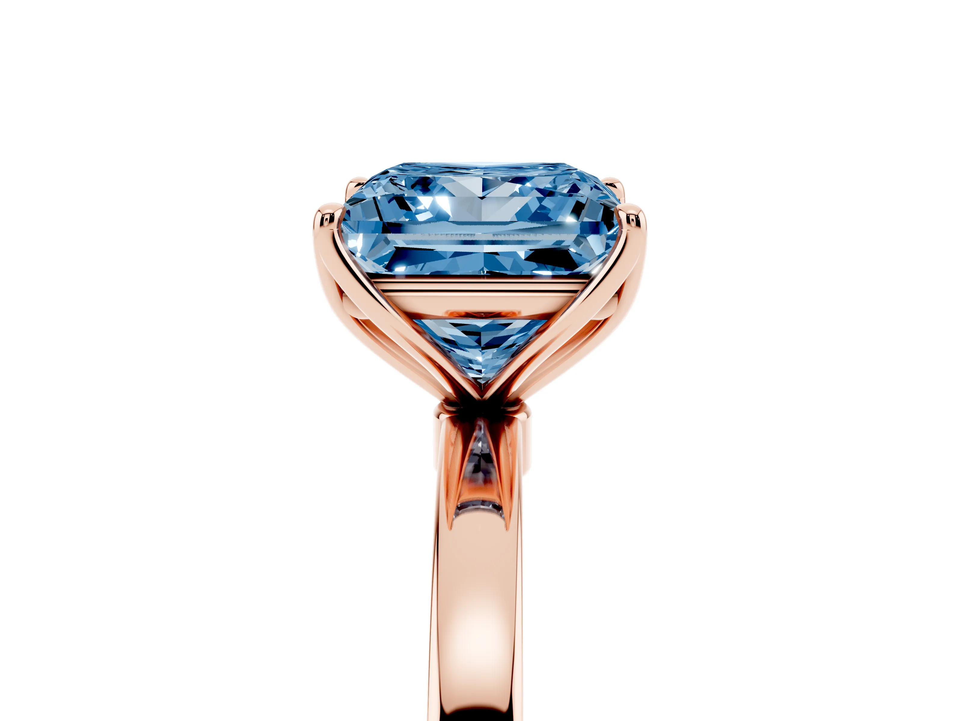 Fancy Blue Princess Cut Diamond Solitaire Ring Set in Rose gold with Prong Setting and Thin Polished Band