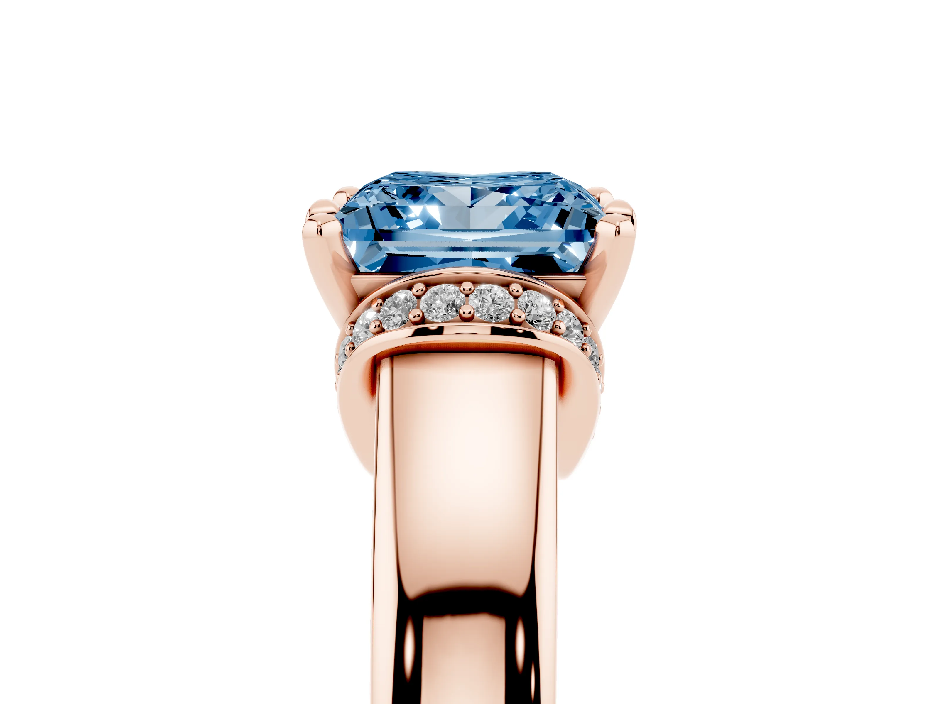 Fancy Blue Princess Cut Diamond Pavé Band Solitaire Ring Set in Rose gold with Prong Setting