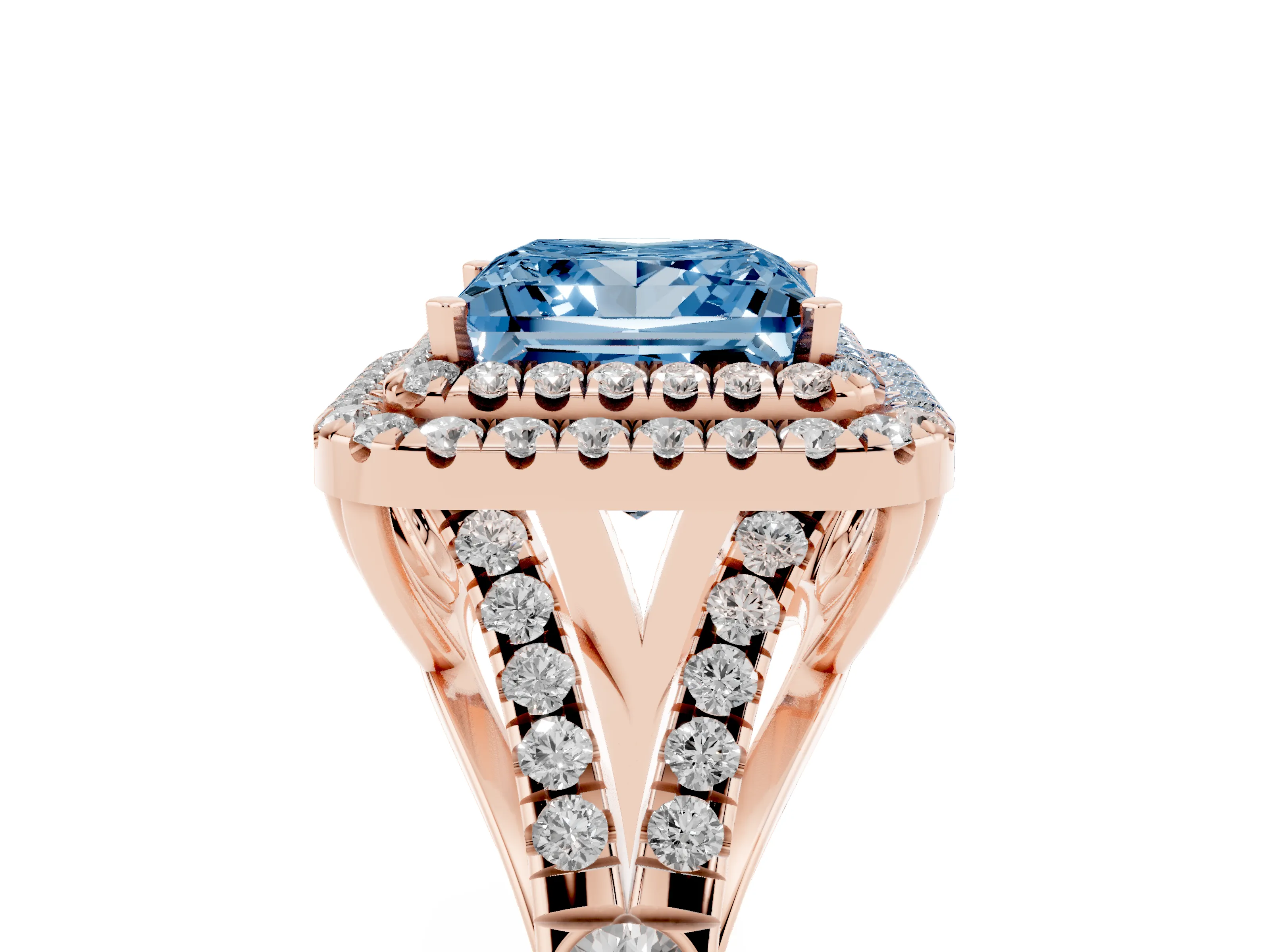 Fancy Blue Princess Cut Diamond Pavé Split Shank Double Halo Engagement Ring Set in Rose gold