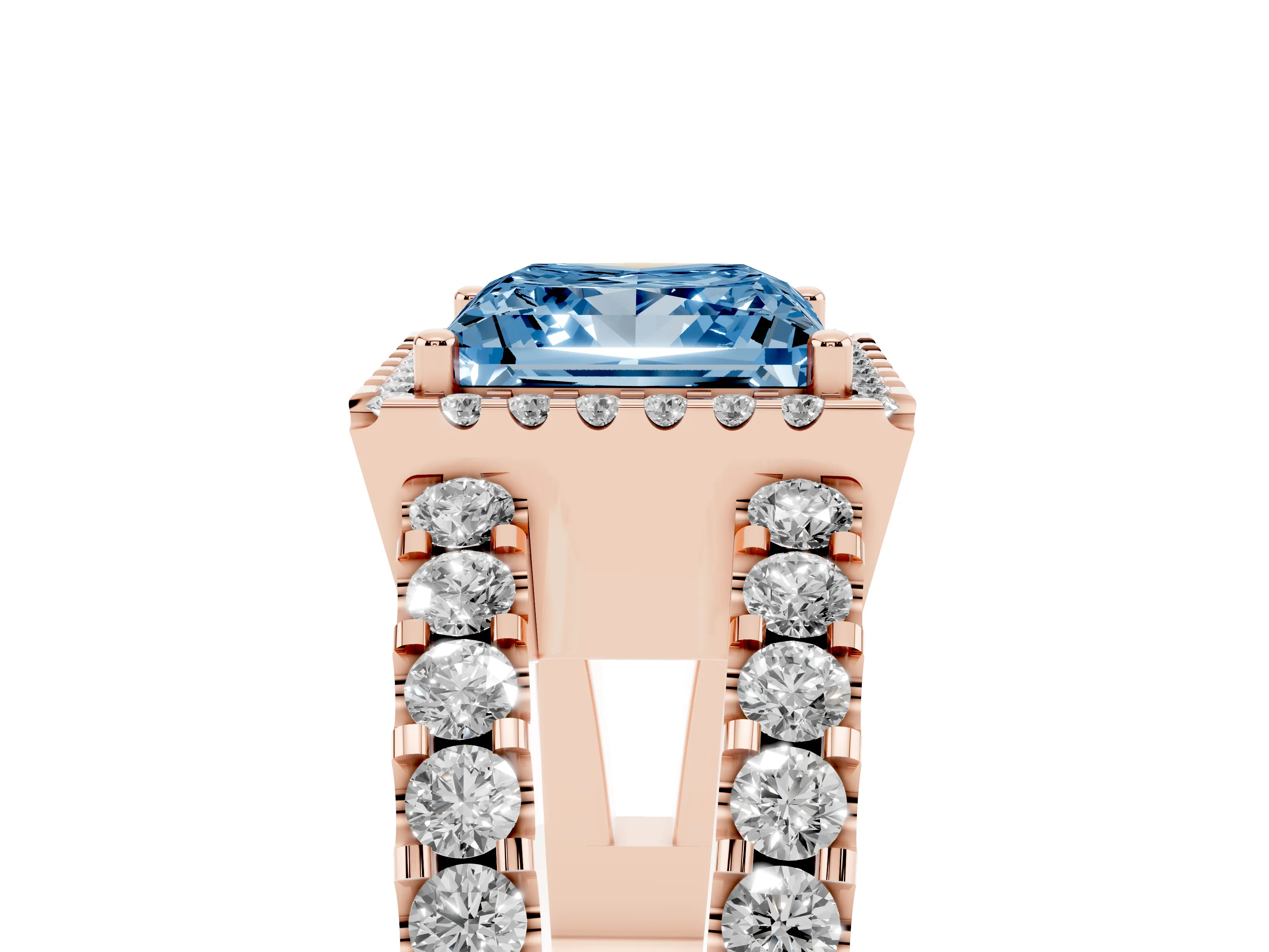 Fancy Blue Princess Cut Diamond Halo Ring Set in Rose gold with Pavé Split Shank and Prong Setting