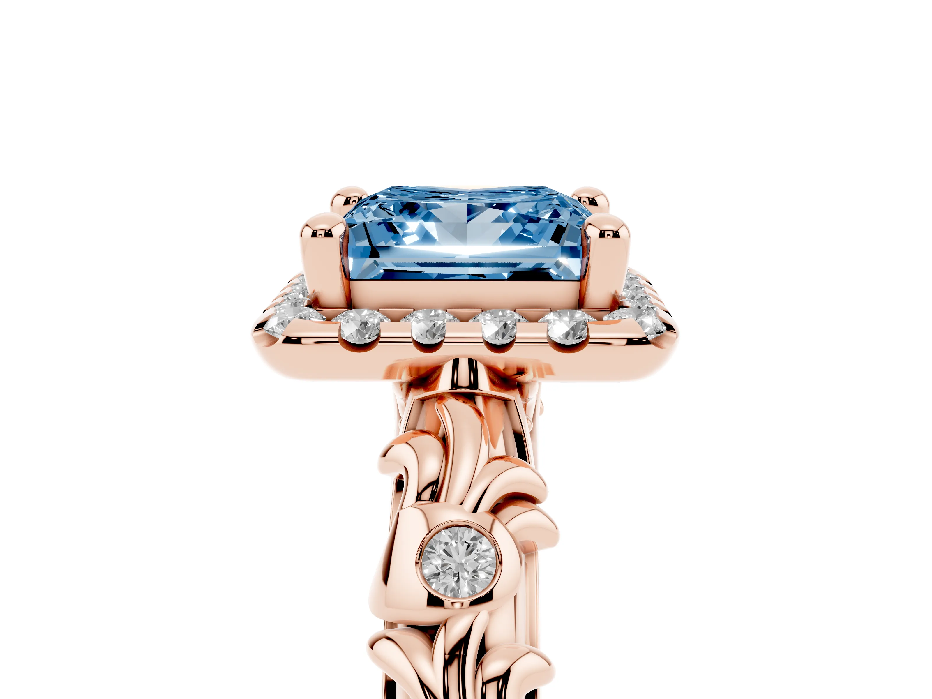 Fancy Blue Princess Cut Diamond Halo Ring Set in Rose gold with Filigree Leaf Band and Prong Setting
