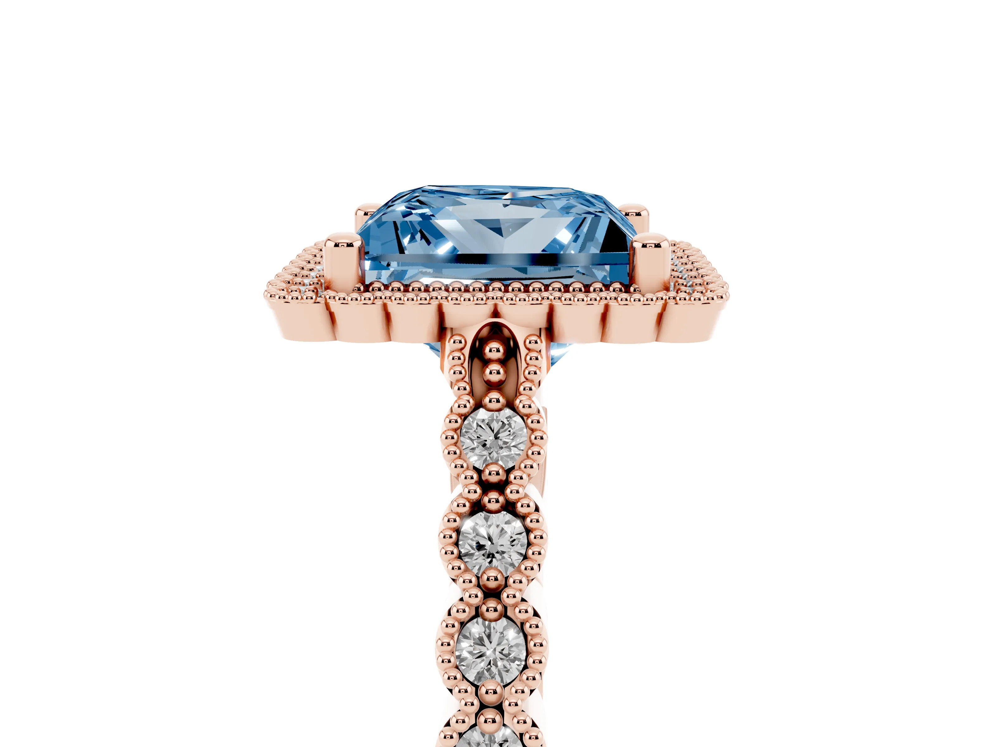 Fancy Blue Princess Cut Diamond Halo Ring Set in Rose gold with Pavé Milgrain Band