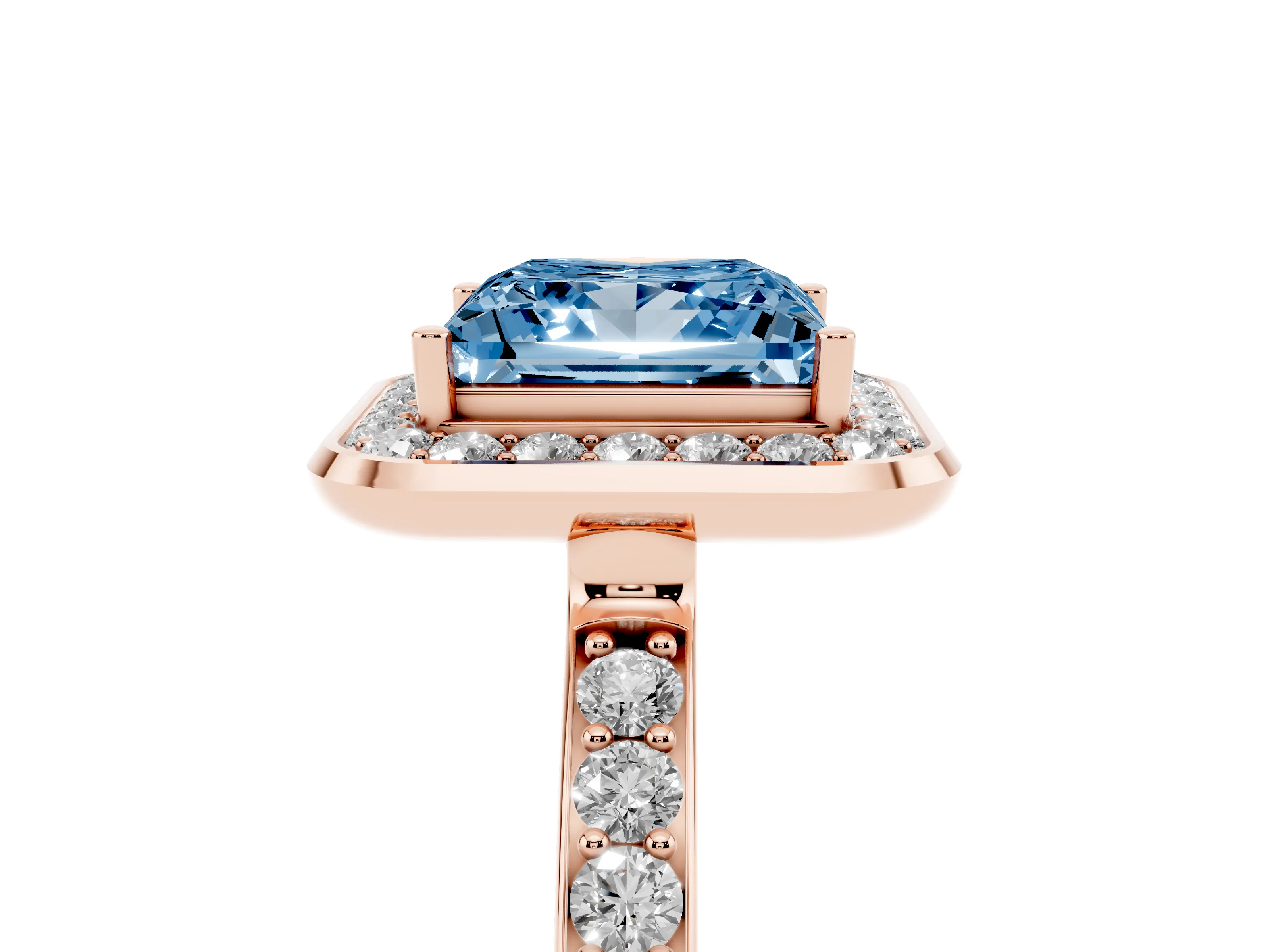 Fancy Blue Princess Cut Diamond Halo Ring Set in Rose gold with Bezel Frame and Pavé Band