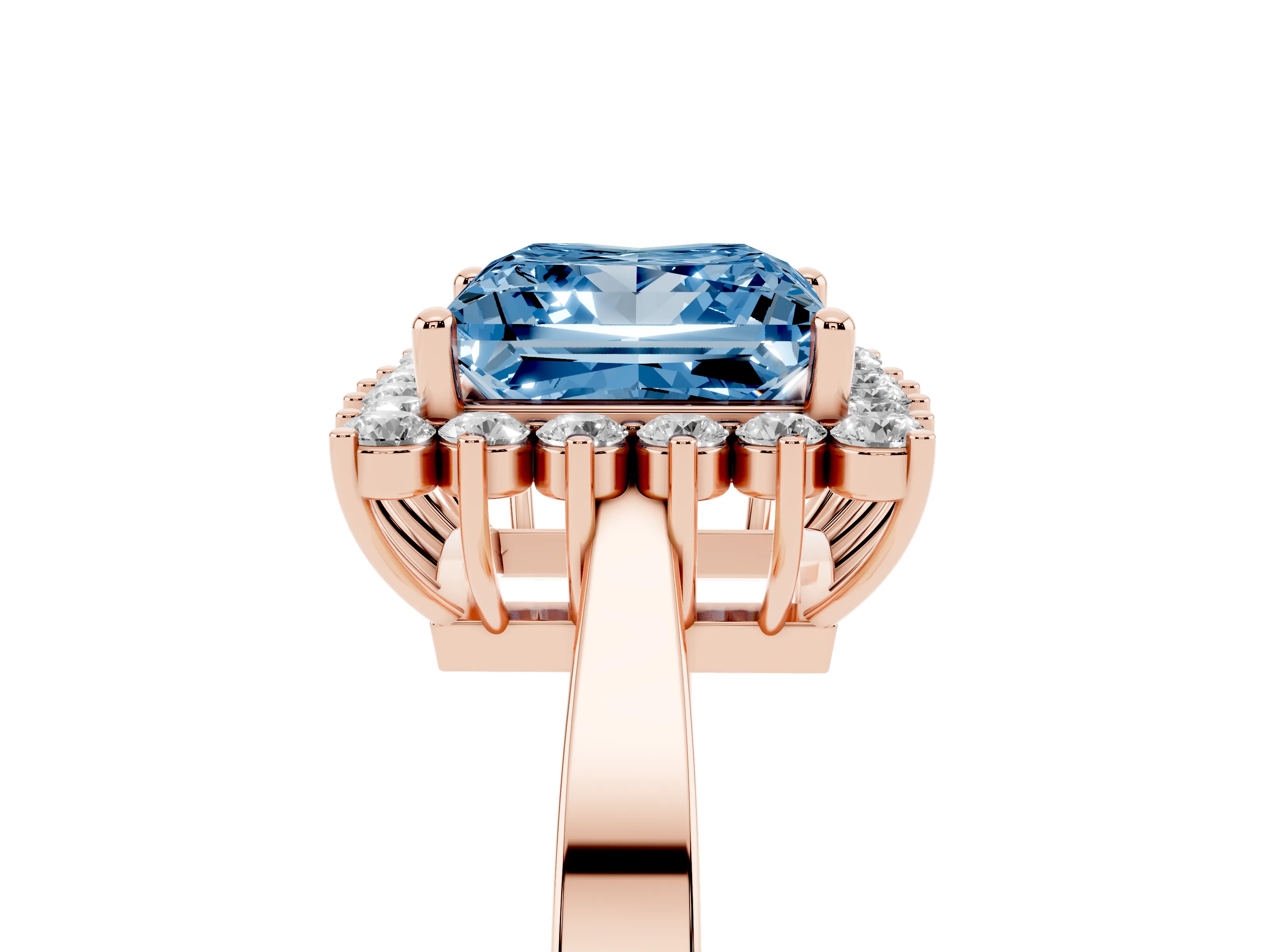 Fancy Blue Princess Cut Diamond Halo Ring Set in Rose gold with Round Halo and Smooth Solitaire Band