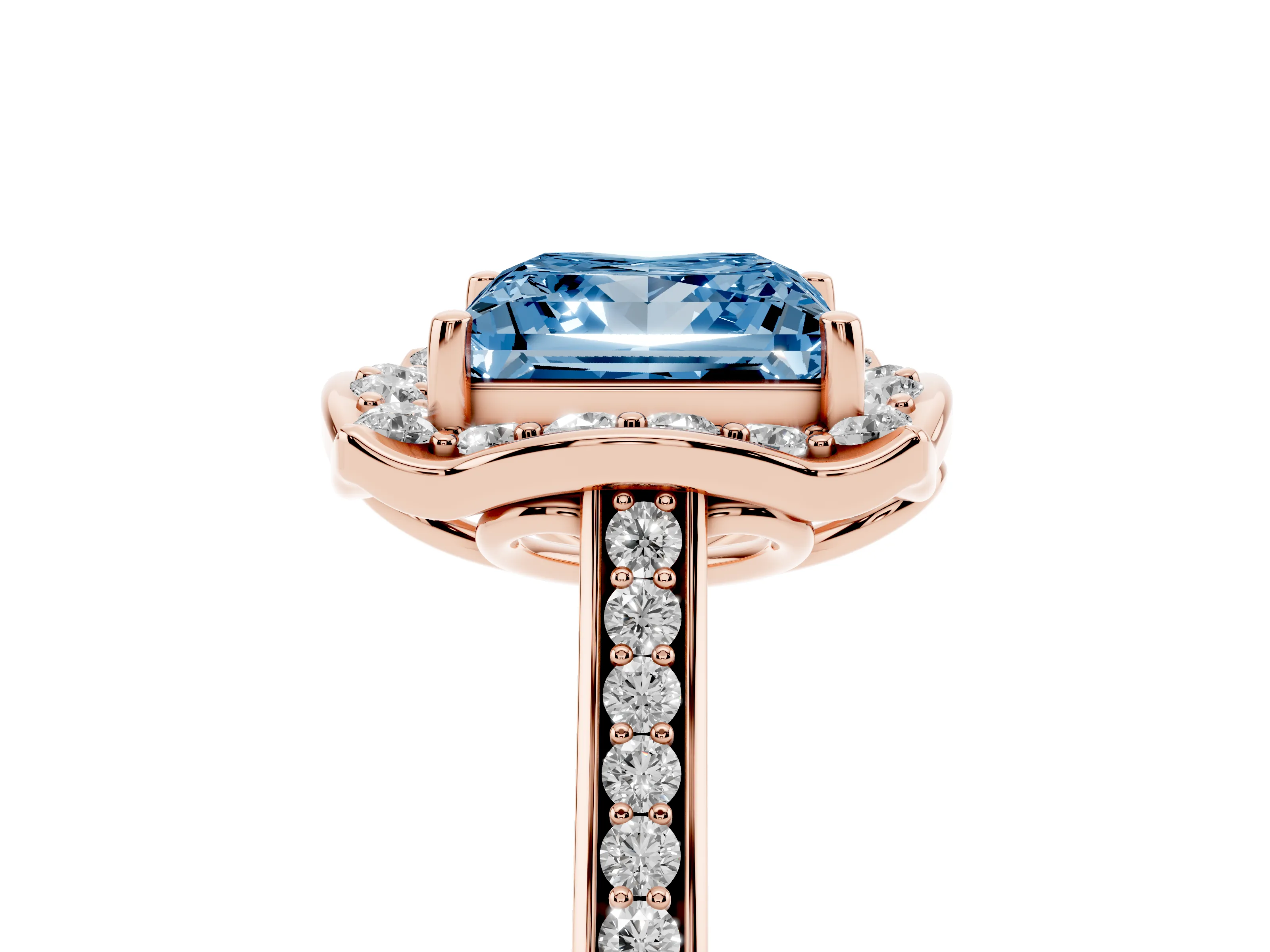 Fancy Blue Princess Cut Diamond Halo Ring Set in Rose gold with Pavé-Lined Shoulders and Prong Setting