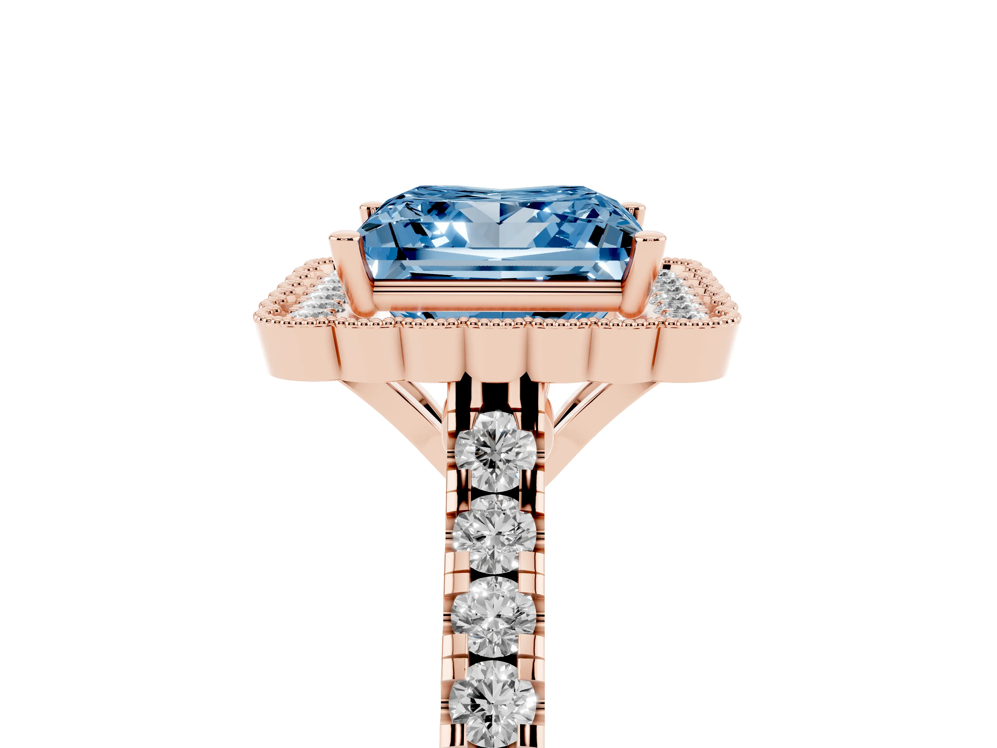 Fancy Blue Princess Cut Diamond Milgrain Floral Halo Engagement Ring Set in Rose gold with Pavé Band