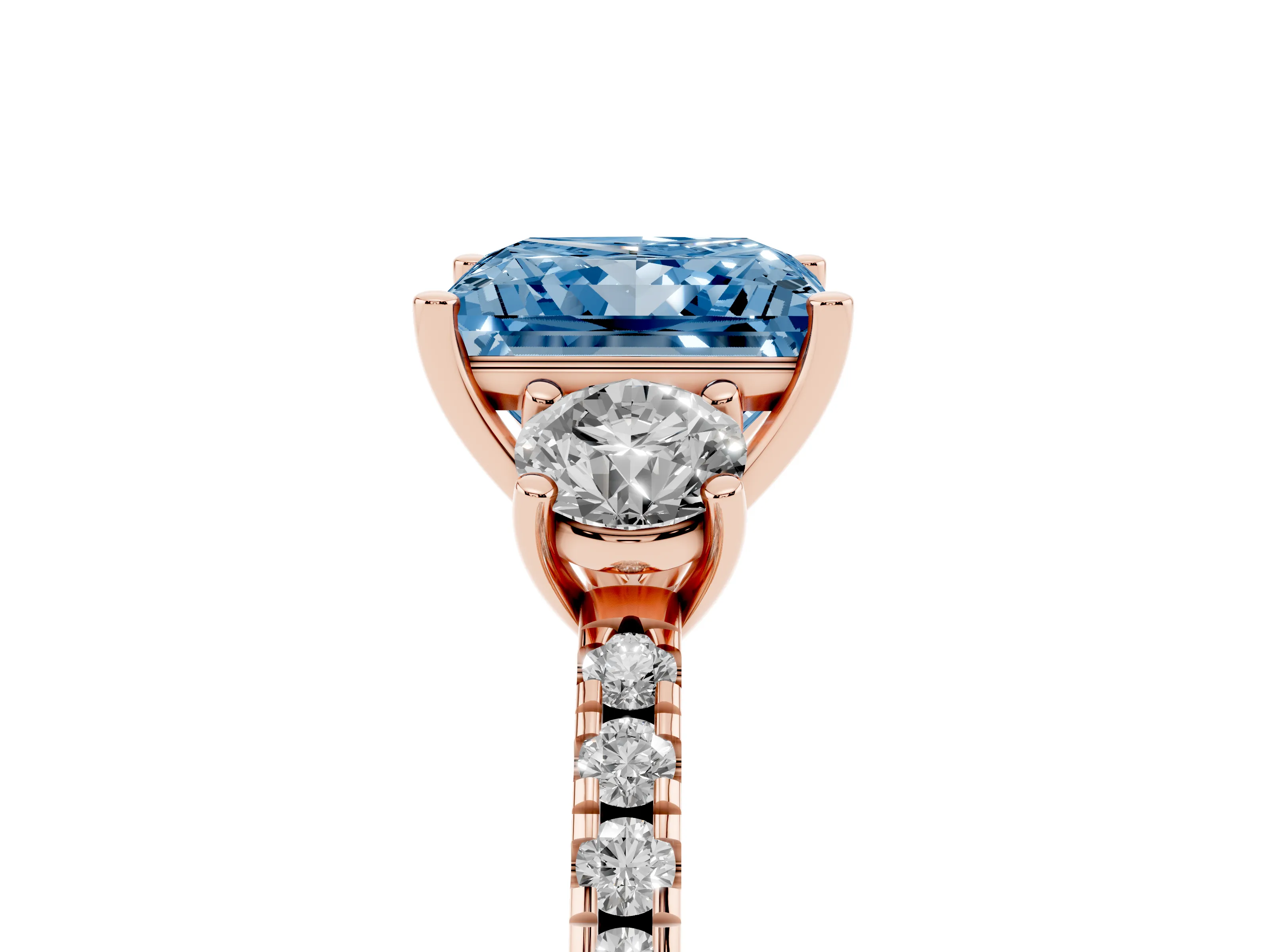 Fancy Blue Princess Cut Diamond Three-Stone Ring Set in Rose gold with Pavé Band and Graduated Sides