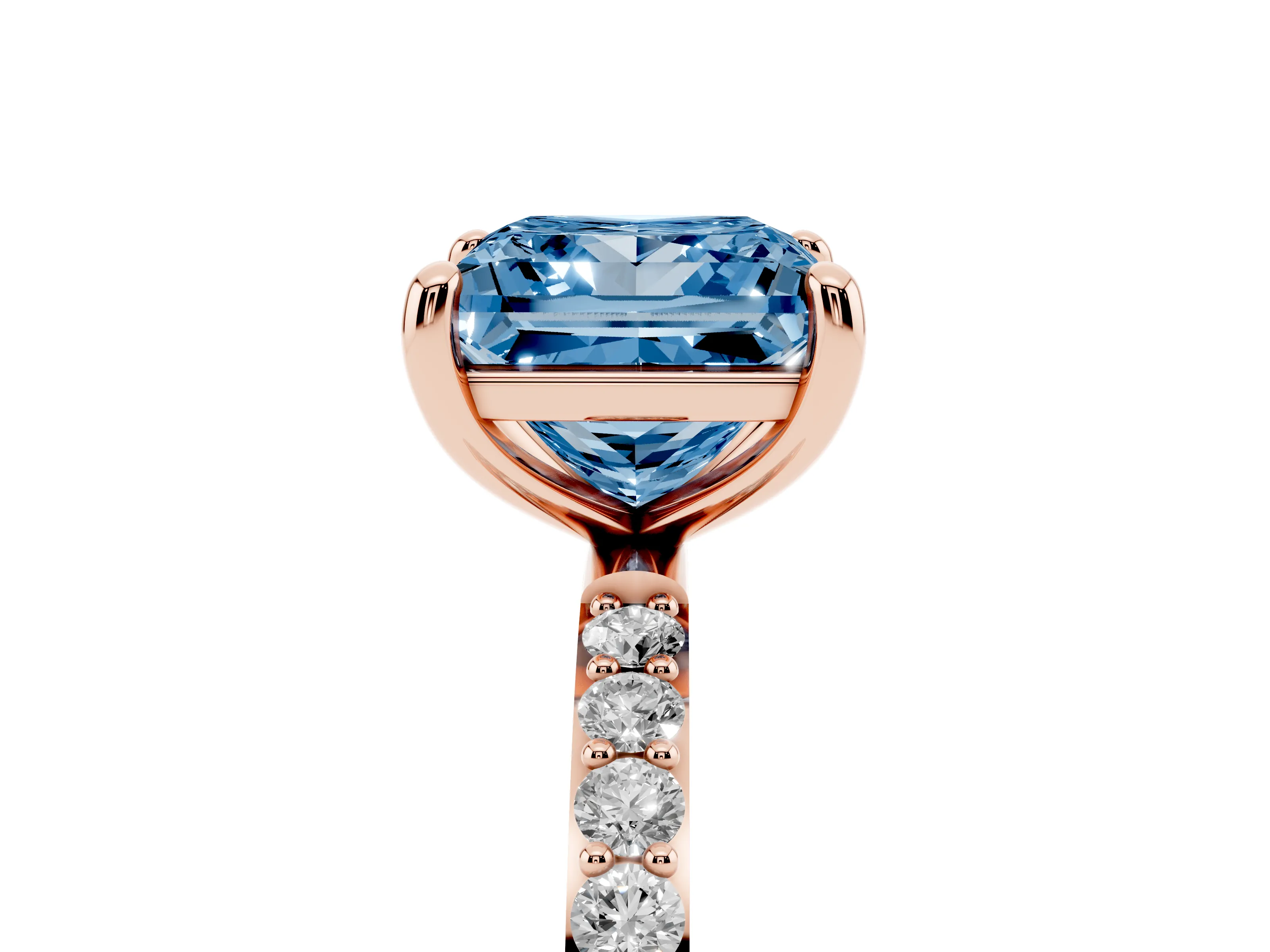 Fancy Blue Princess Cut Diamond Solitaire Ring Set in Rose gold with Round Pavé Band and Prong Setting