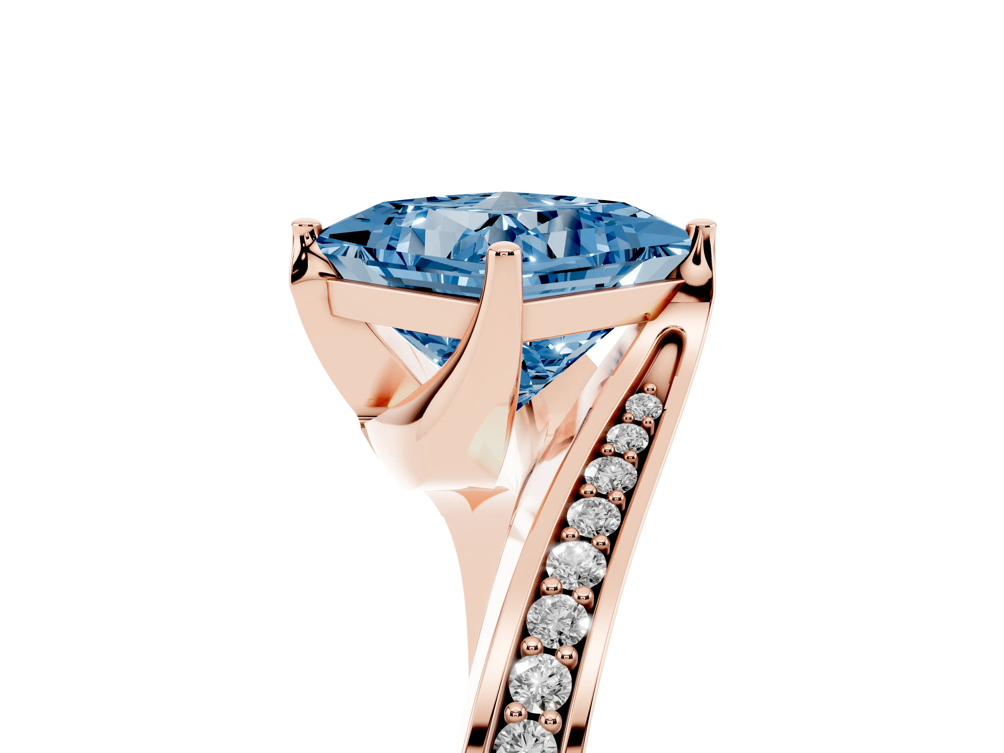 Fancy Blue Princess Cut Diamond Solitaire Ring Set in Rose gold with Intertwined Pavé Twist Band