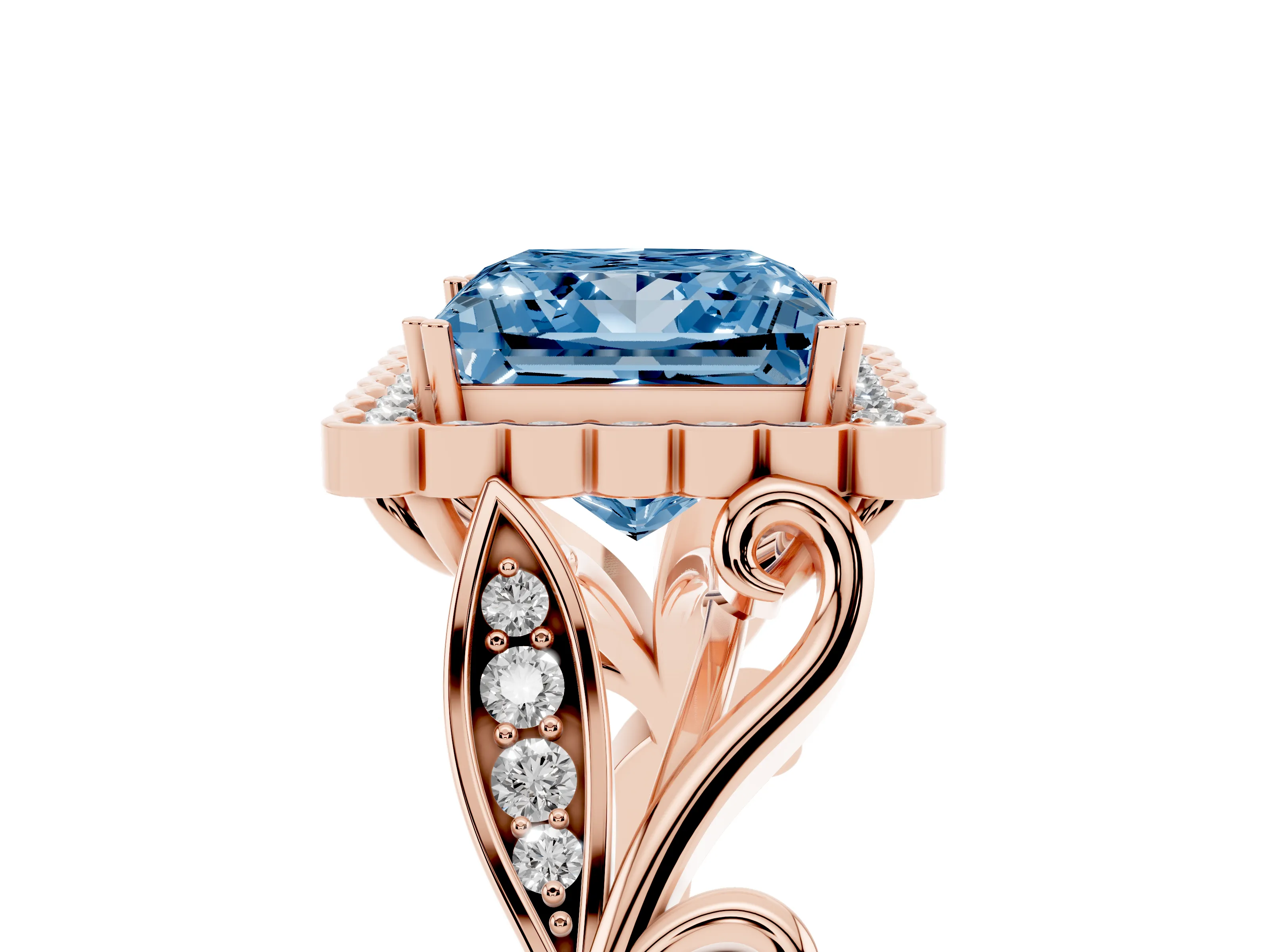 Fancy Blue Princess Cut Diamond Halo Ring Set in Rose gold with Leaf Motif Split Shank and Prong Setting