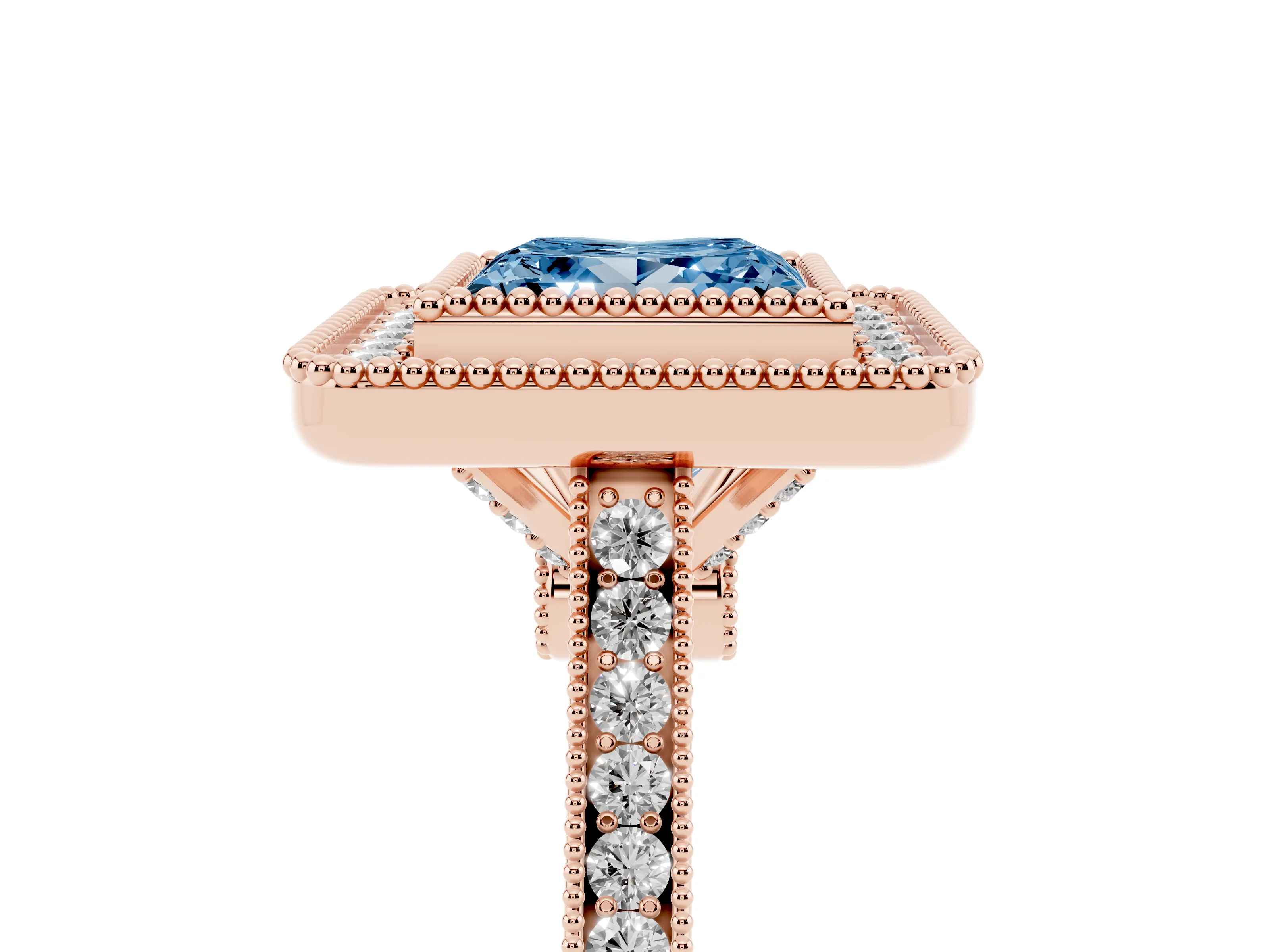 Fancy Blue Princess Cut Diamond Halo Ring Set in Rose gold with Milgrain Frame and Pavé Band