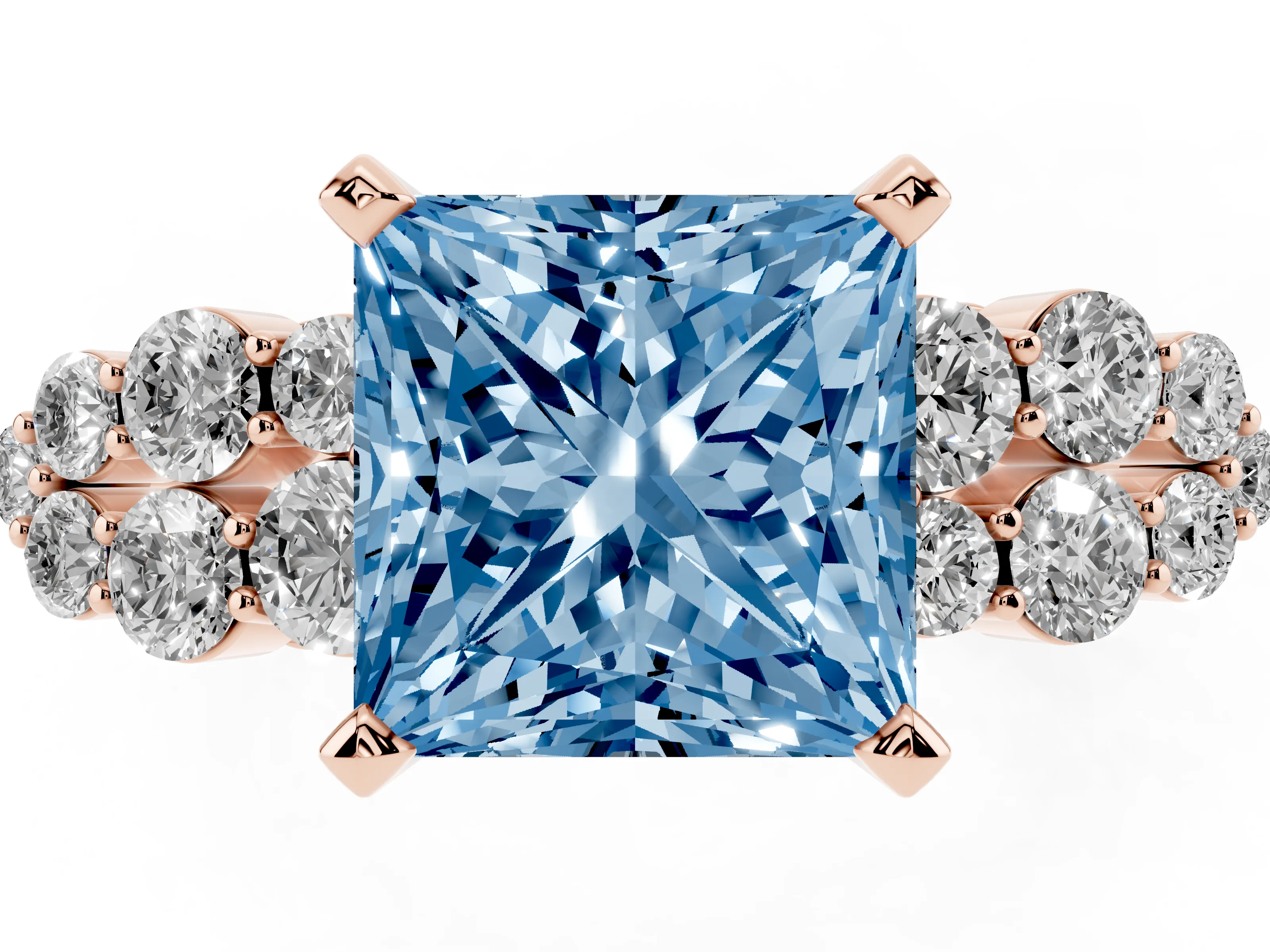 Fancy Blue Princess Cut Diamond Cluster Engagement Ring Set in Rose gold with Pavé Band and Prong Setting
