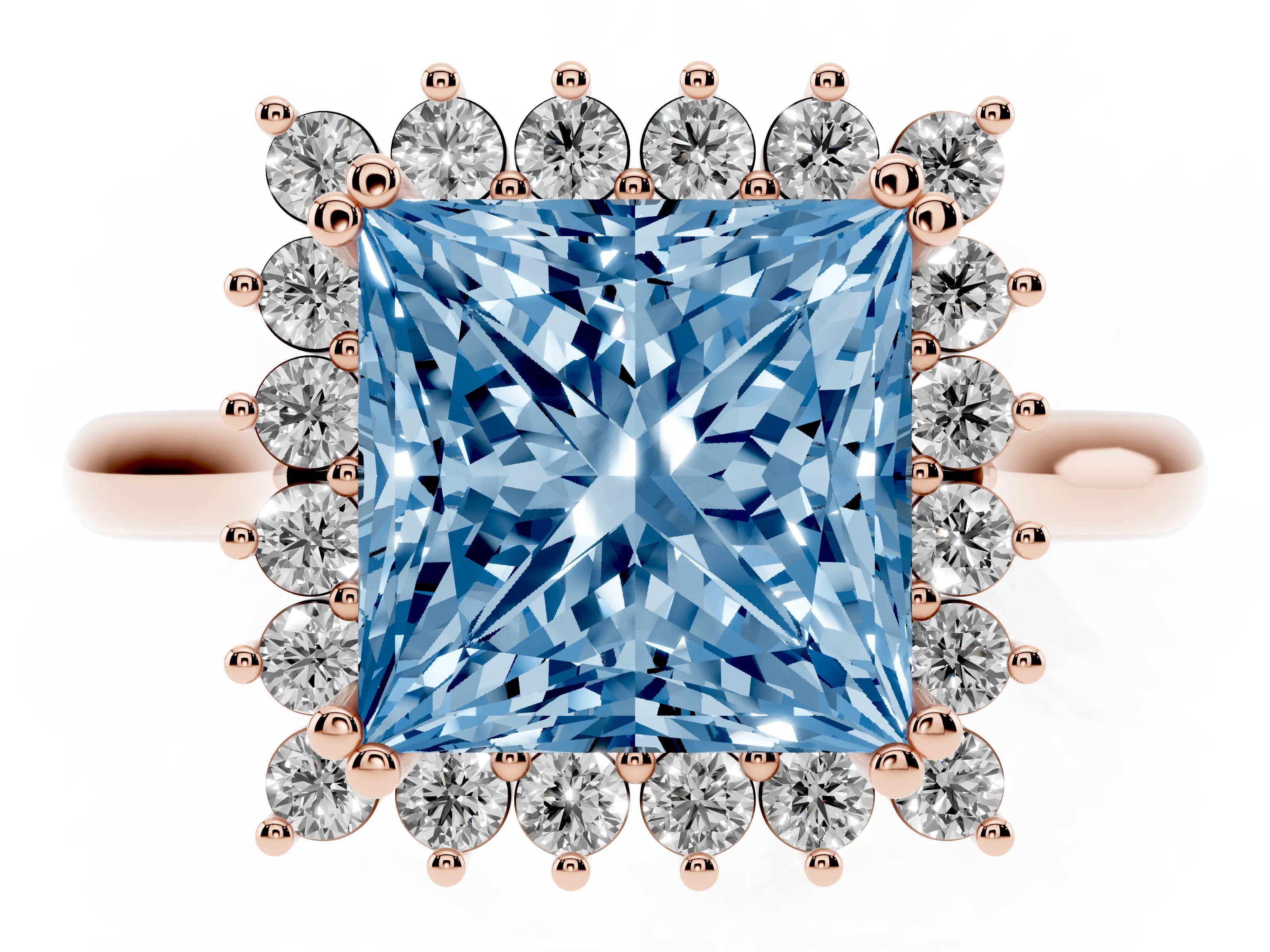 Fancy Blue Princess Cut Diamond Halo Ring Set in Rose gold with Plain Solitaire Band and Prong Setting
