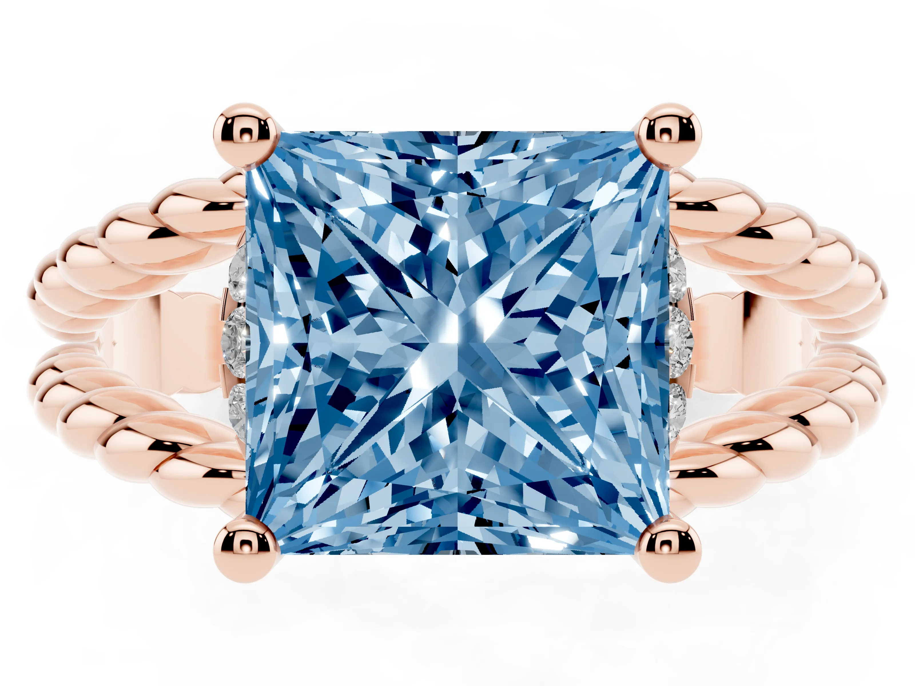 Fancy Blue Princess Cut Diamond Halo Ring Set in Rose gold with Twisted Band and Prong Setting